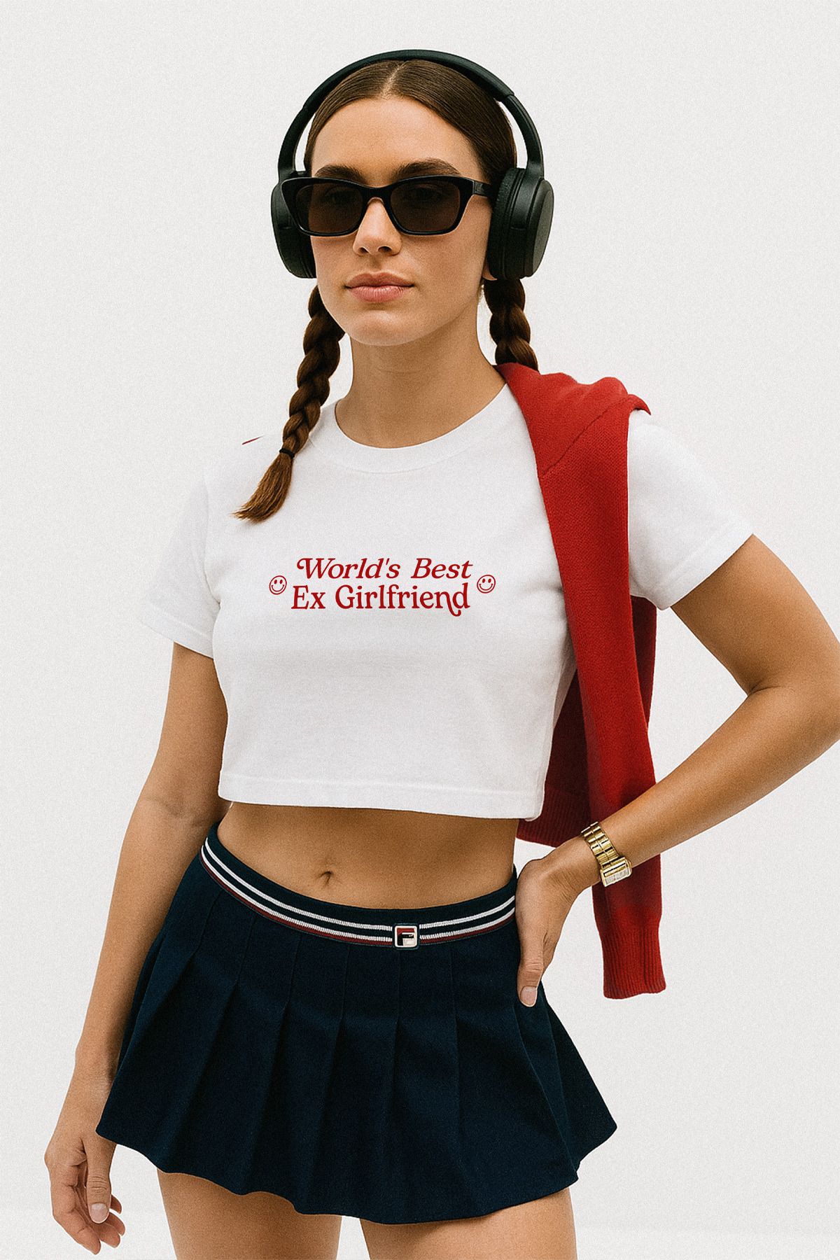Eazy Co Best Ex Girlfriend Beyaz Crop Top Bisiklet Yaka Kısa Kollu T-Shirt