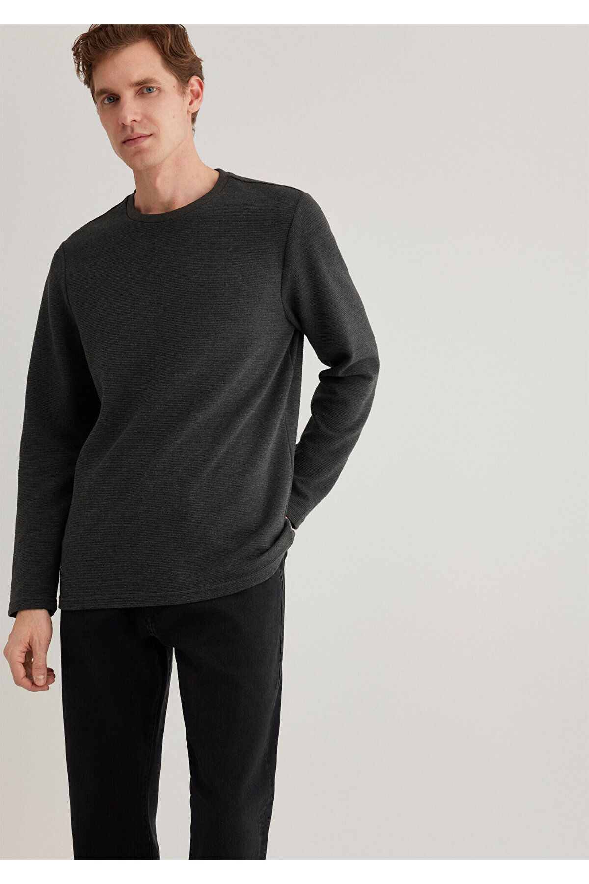 Mavi Uzun Kollu Antrasit Basic Tişört Slim Fit / Dar Kesim 064622-26834
