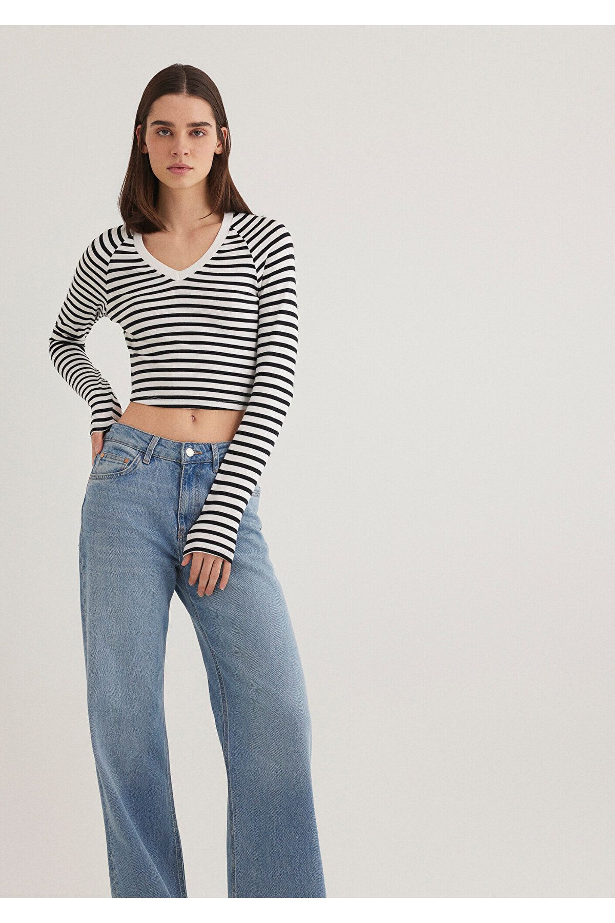 Mavi Uzun Kollu Çizgili Crop Basic Tişört Crop / Kısa Kesim 1613041-85586