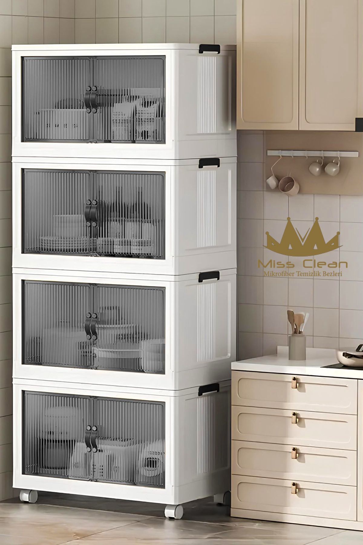 MissClean 4 Lü Özel Set Beyaz Renk Çok Amaçlı Kapaklı Portatif Istiflenebilir Organizer Dolap Tekerlekli