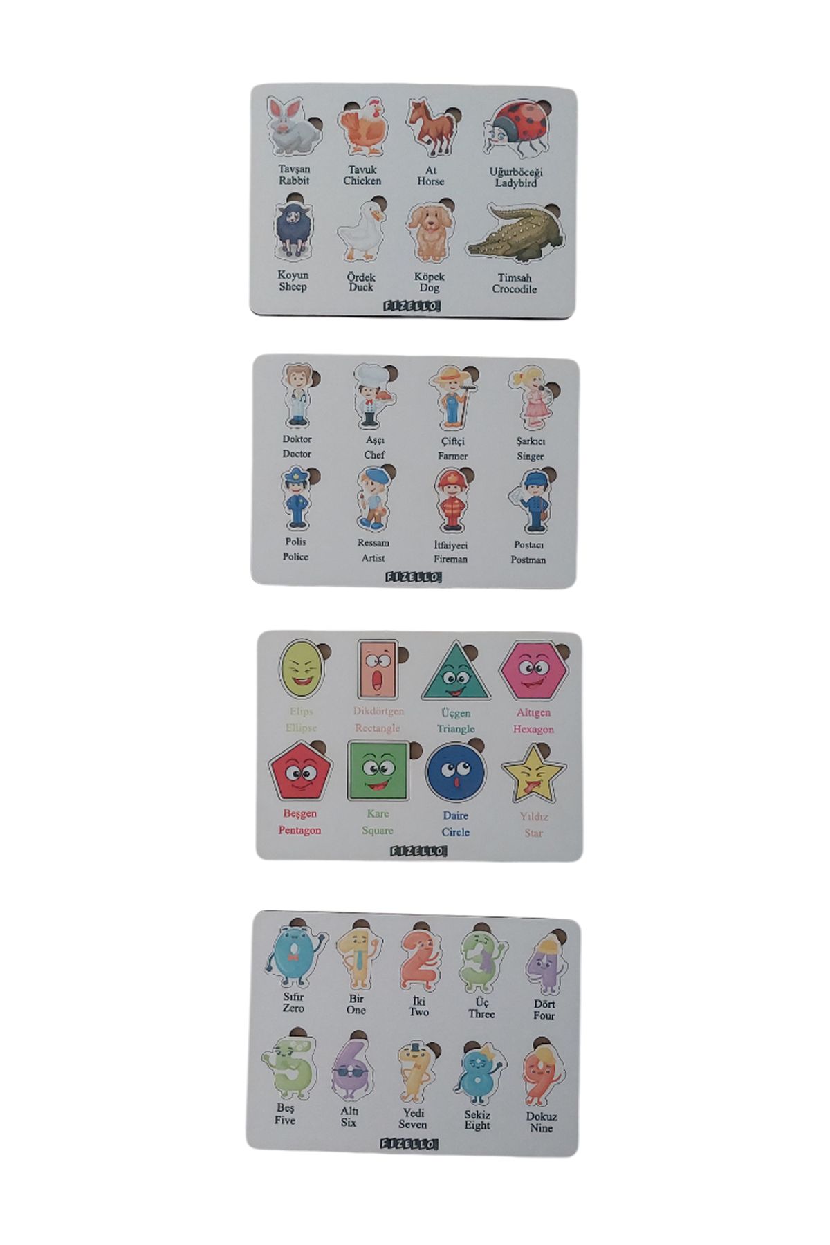Fizello Ahşap Türkçe - İngilizce 4lü Mega Set Bultak Puzzle Sayılar Şekiller Meslekler Hayvanlar