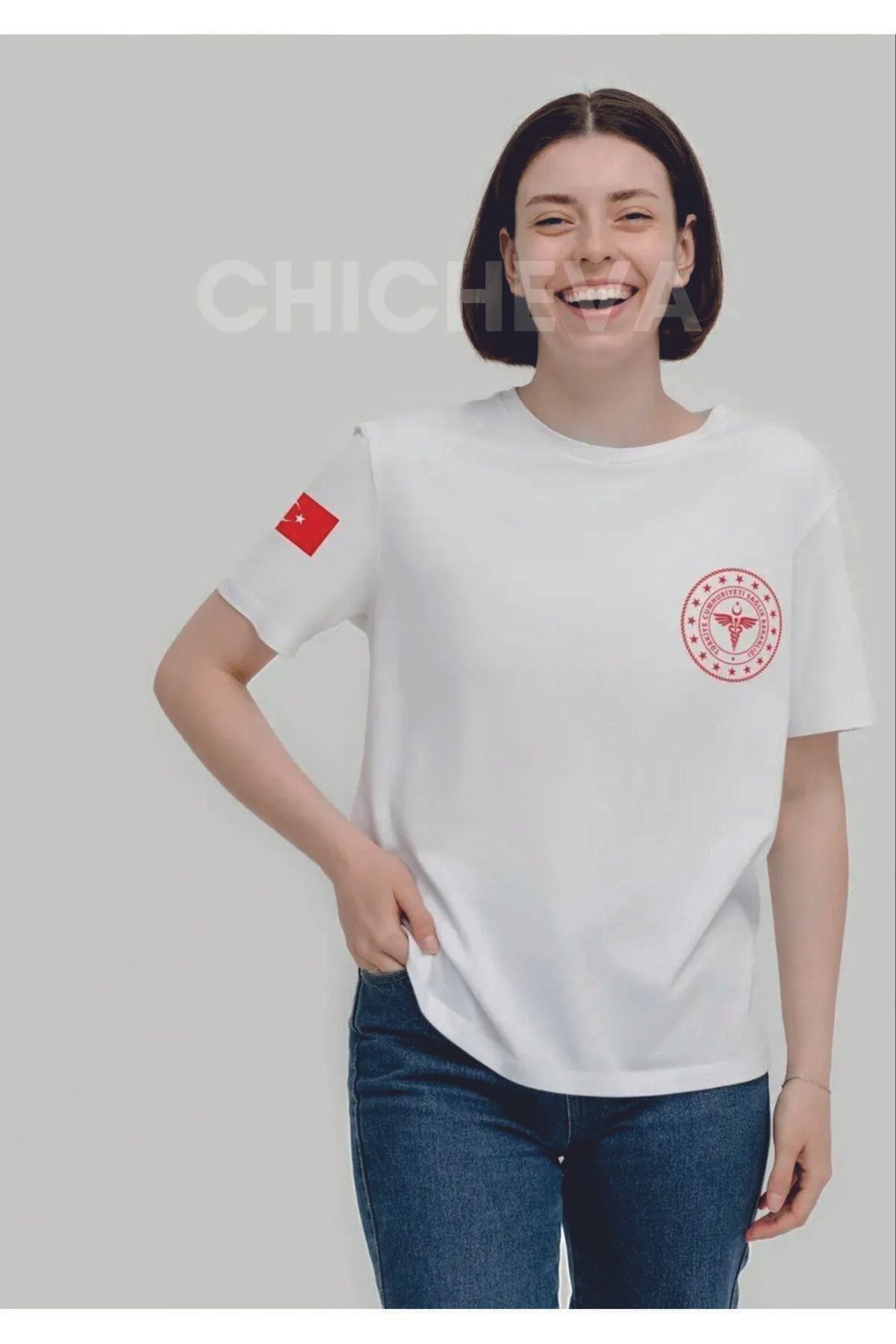 Eva Tekstil T-shirt Beyaz Kadın Acil Sağlık %100 Pamuk Rahat Kalıp Bisiklet Yaka