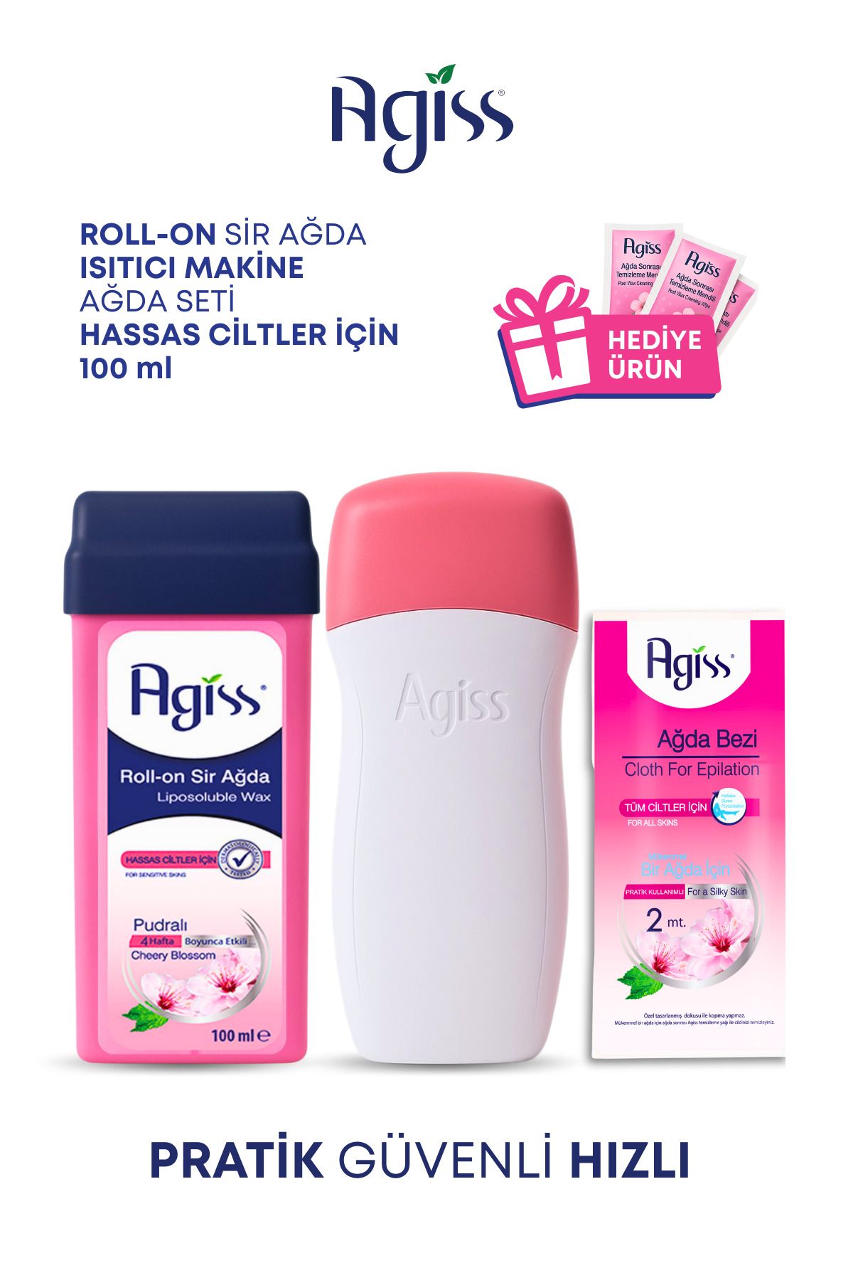 AGISS Isıtıcı Ağda Makinesi, Hassas Ciltler için Ağda 100 ml, 2 metre Ağda Bezi, Ağda Temizleme Mendili