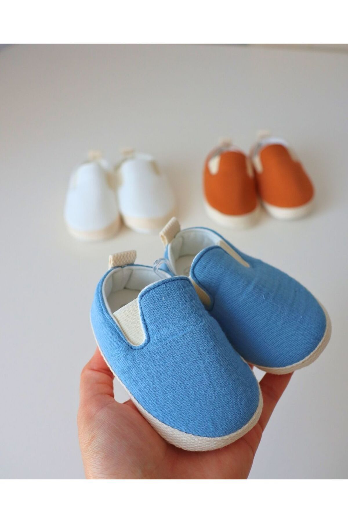 TinyAlp Bayramlık Yazlık Müslin Kumaş Naturel Soft Renkler Tasarım Bebek Ayakkabısı