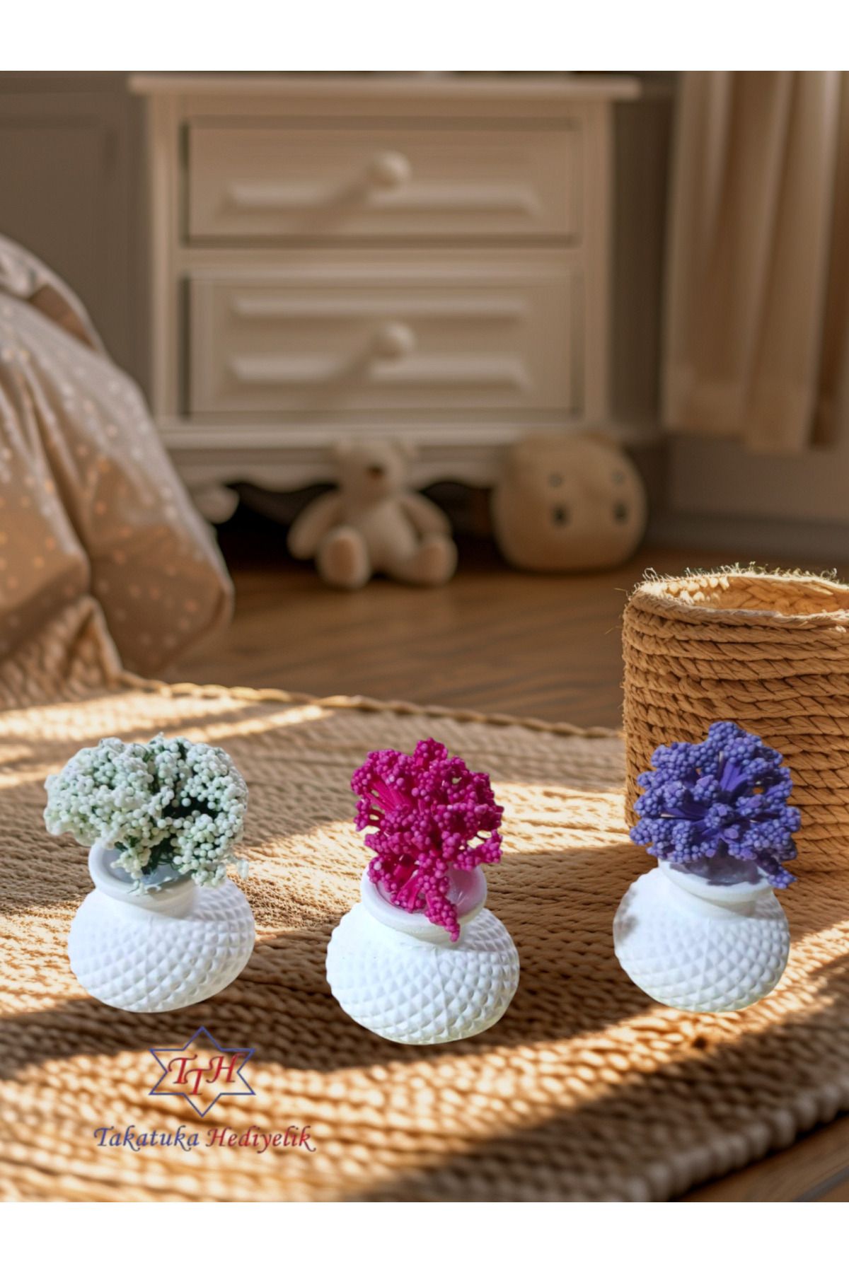 TTH Takatuka Hediyelik Üçlü Dekoratif Mini Set Pıtırcık Çiçekli 4x7cm