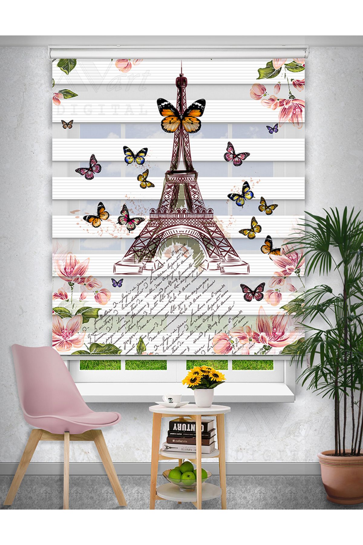 Avart Digital Eiffel Kelebek Çiçek Baskılı Zebra Perde - Baskılı Zebra Perde