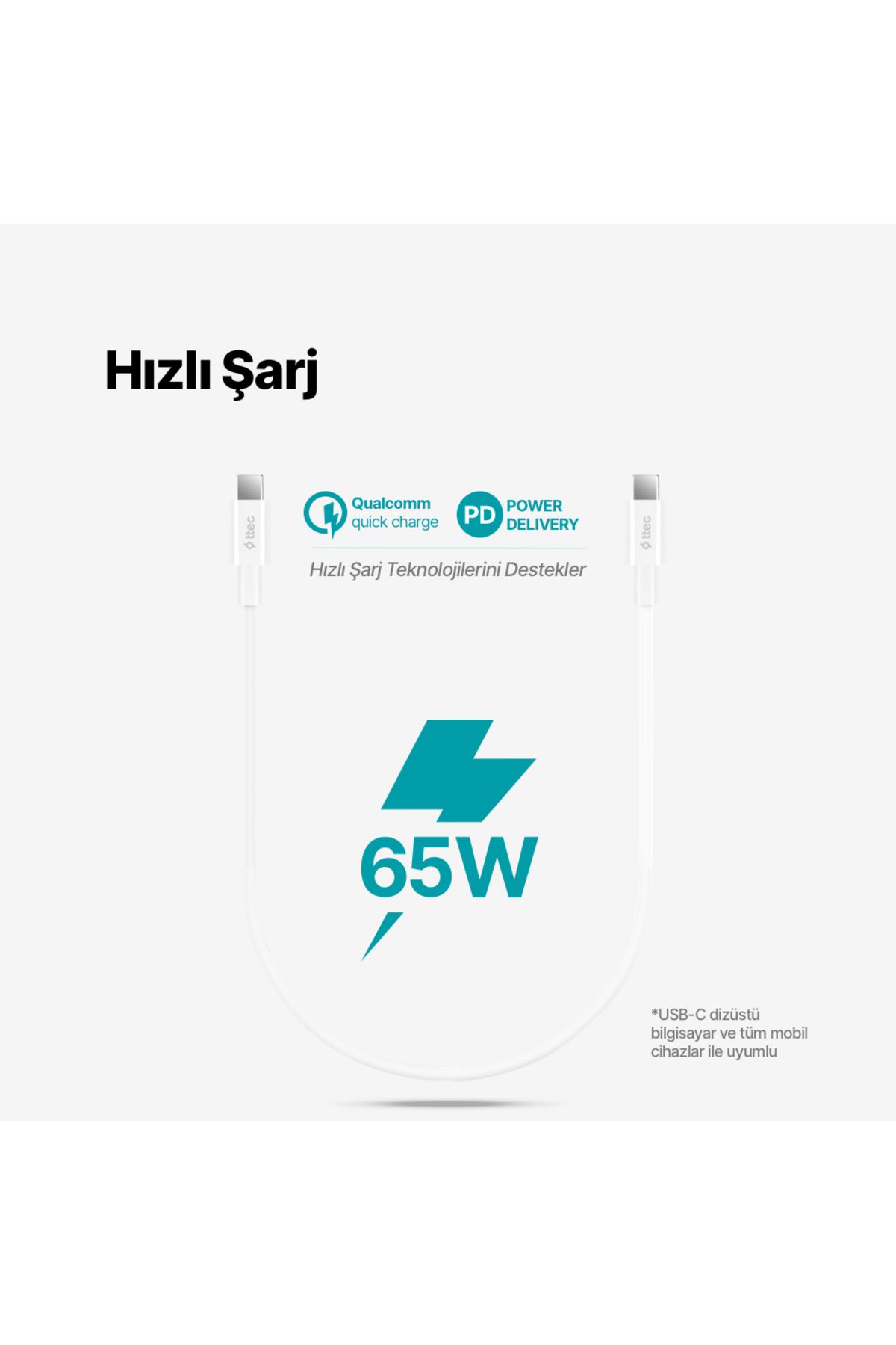 Ttec Usb-c - Usb-c 30cm 65w Pd/qc Hızlı Şarj/data Kablosu Beyaz Beyaz
