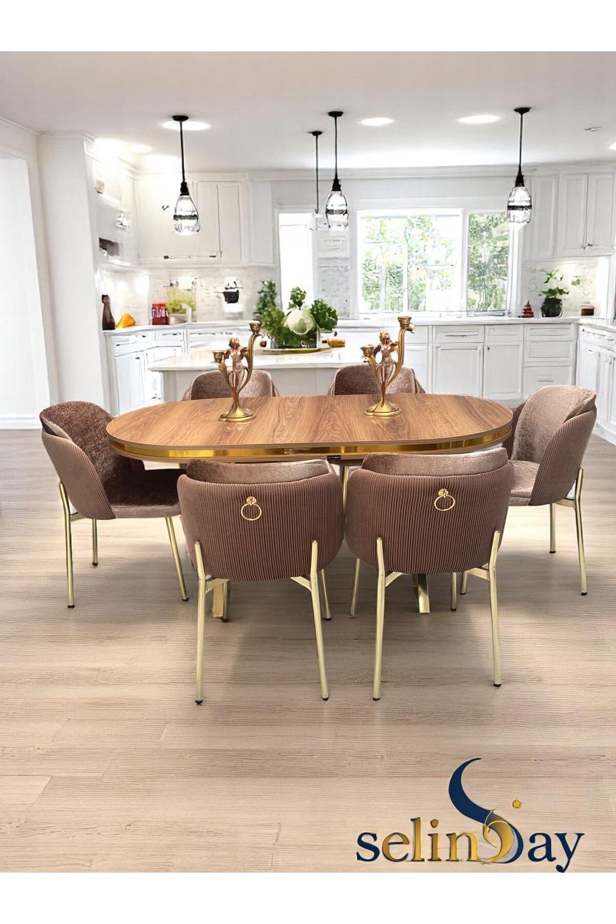 Selin Ay Desıgn 6 Kişilik Elysia Gold Line Ceviz Masa Takımı BabyFace Kumaş MDF Lak Panel Masa