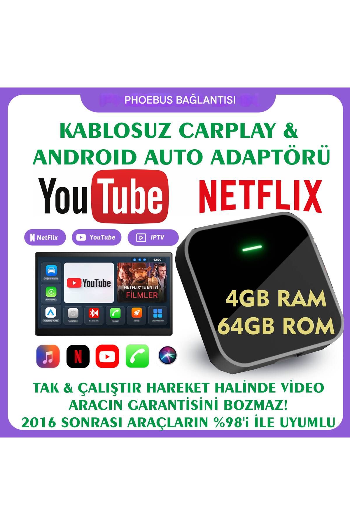 EverBox Carplay & Android Auto Kablosuz Adaptör 4GB RAM+64GB ROM Youtube Netflix Video Oynatma Kutusu Ai Box