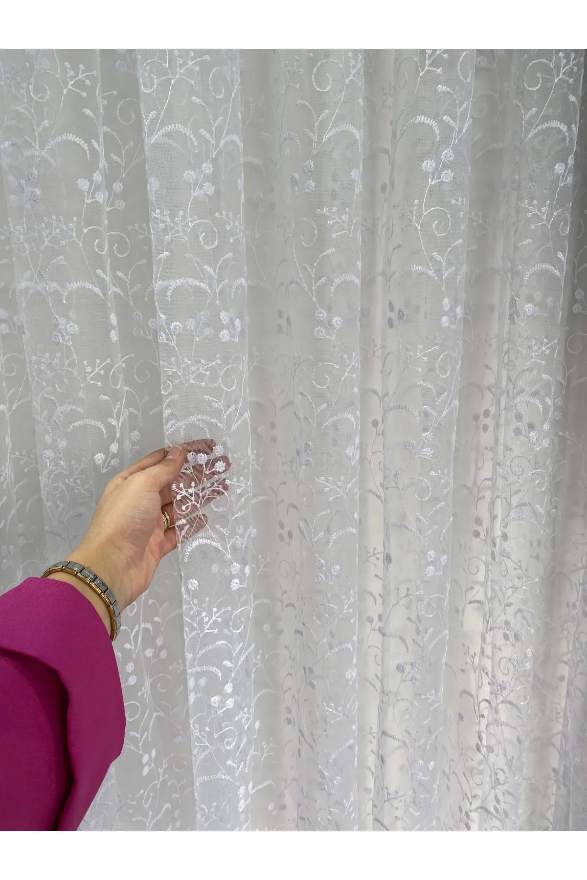 beatiful TÜL PERDE DESENLİ BRODE KUMAŞ 1/3 SIK PİLELİ BORU PİLE BEYAZ RENK