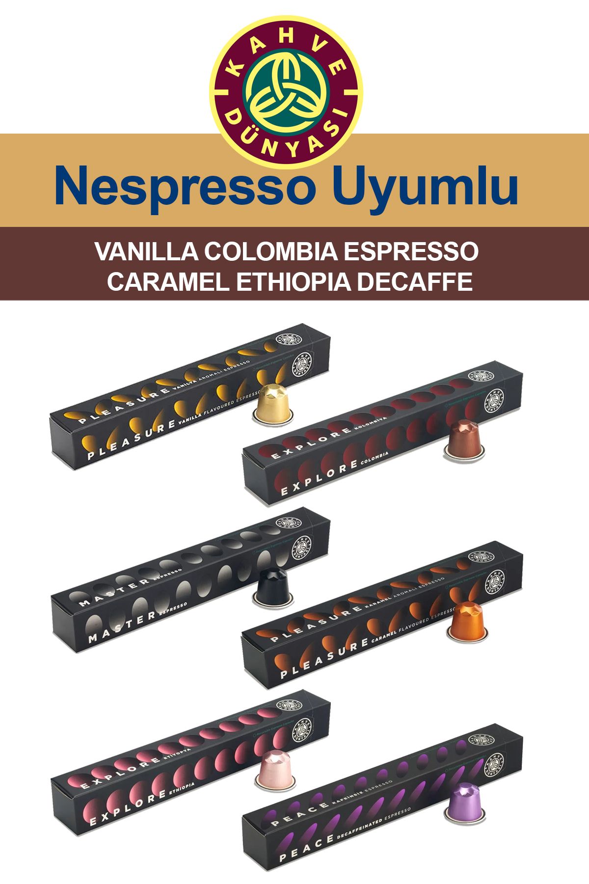 Kahve Dünyası 6 Çeşit Kapsül Kahve Tadım Seti Vanilya Colombia Espresso Karamel Etiyopya Decaffeinated 6x10