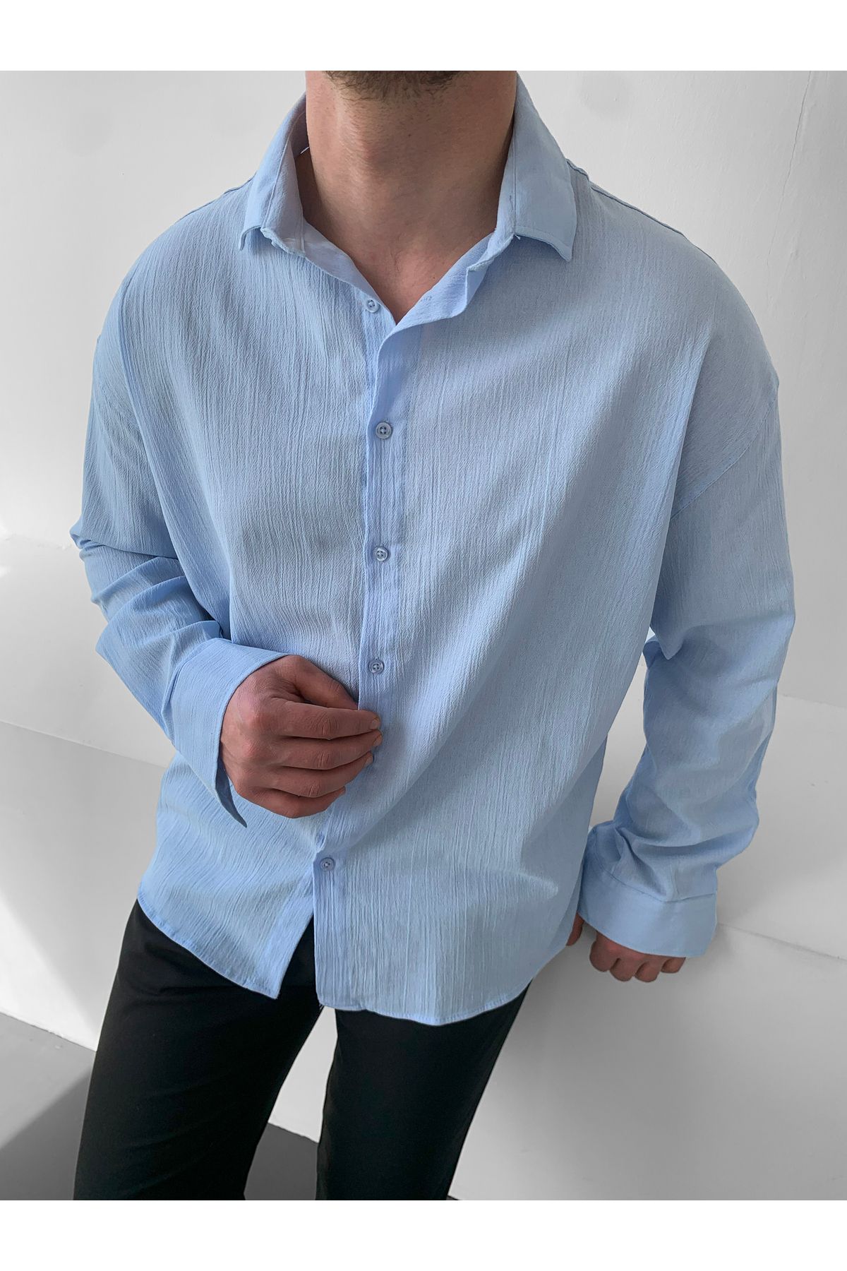 NO1 KONSEPT Mavi Oversize Krinkıl Keten Gömlek