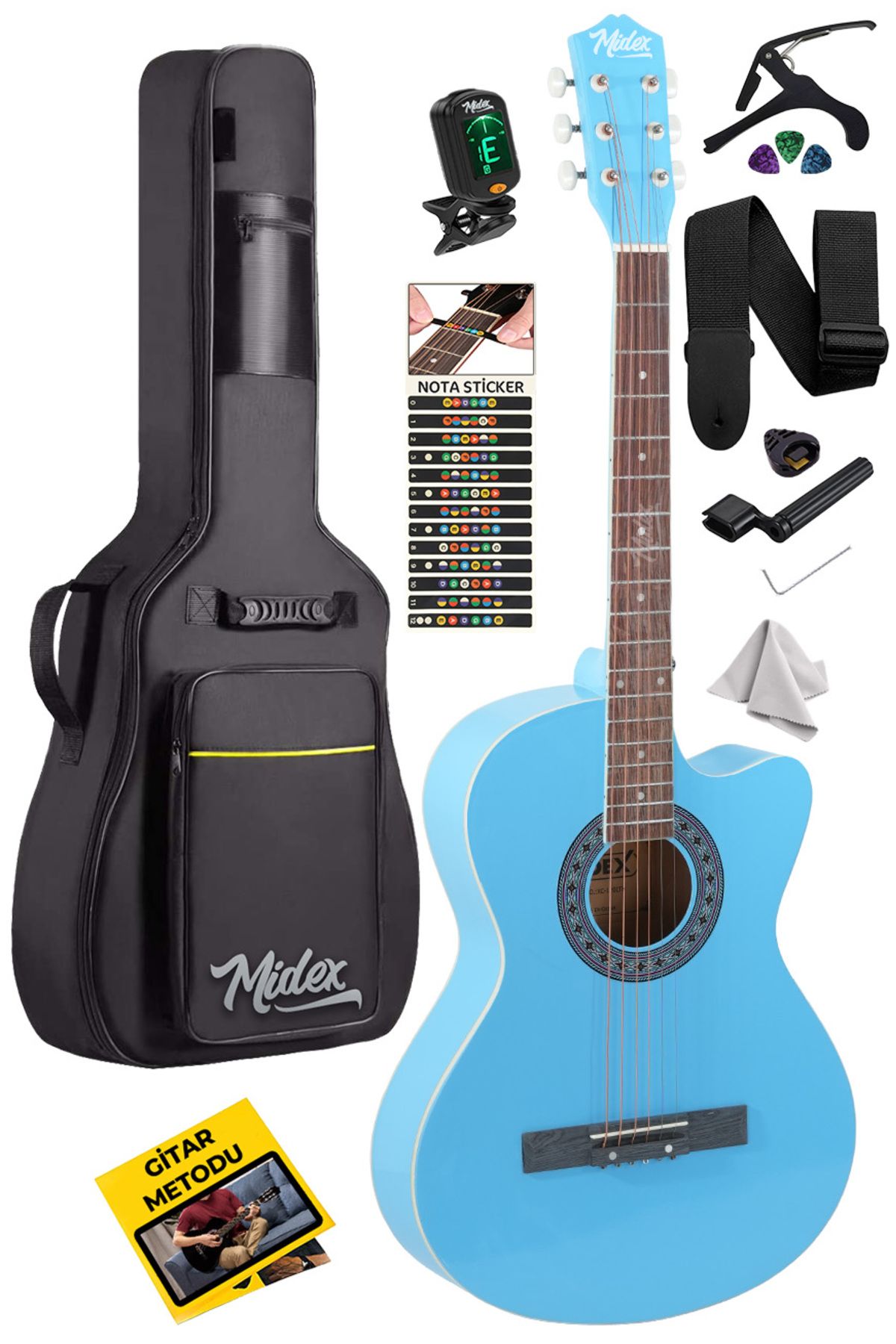 Midex XC-120LTB Kaliteli Akustik Gitar Gül Klavye Sap Ayarlı 4/4 Full Set