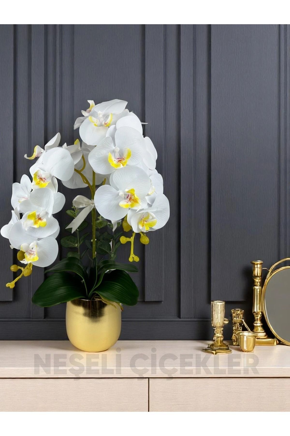 NEŞELİ ÇİÇEKLER Yapay Çiçek Beyaz Islak Orkide 2 Dallı Lüks Gold Metal Saksıda 55 cm Dekoratif Hediye Çiçek
