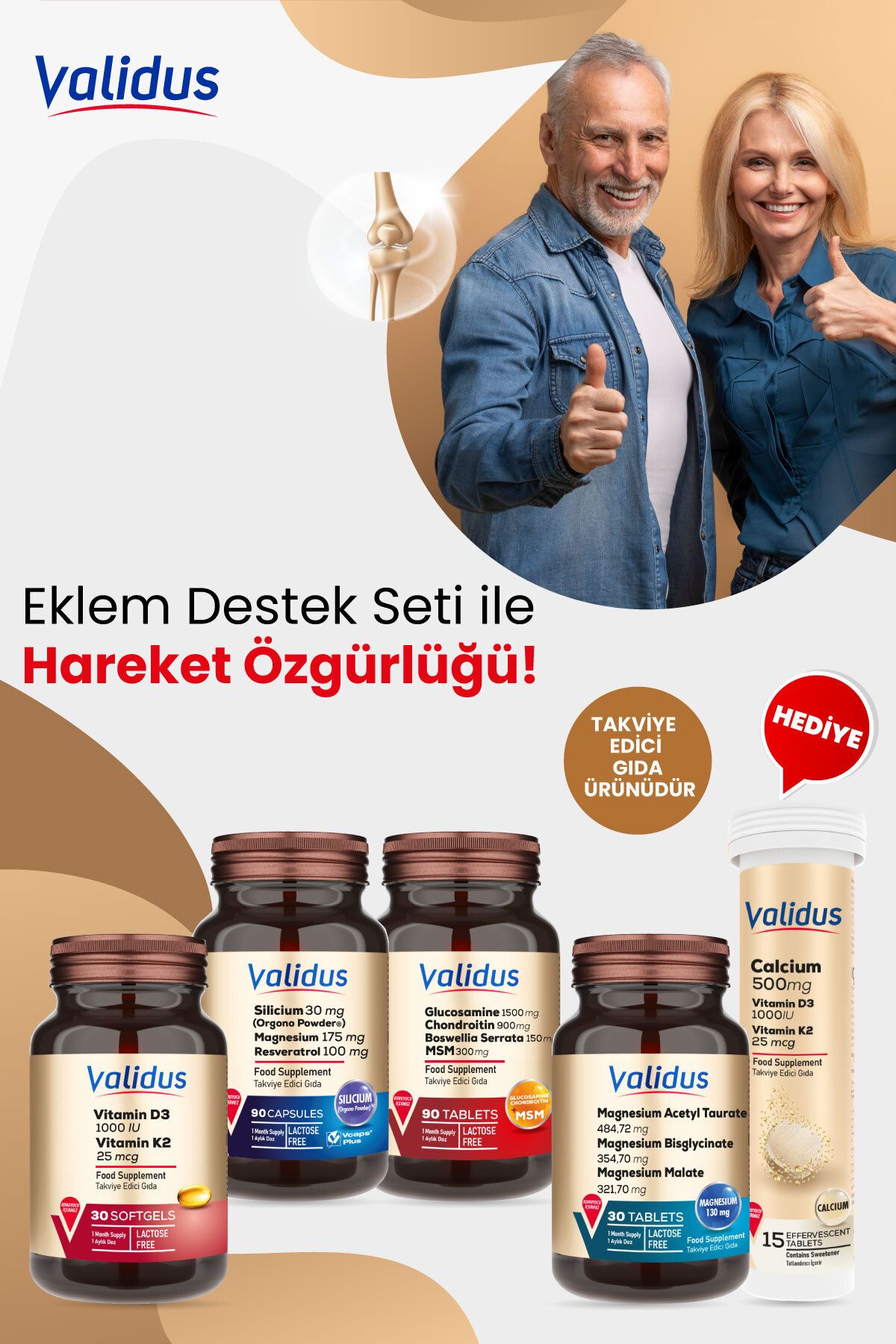 Validus Eklem Destek Seti - Glucosamine - Silicium - Magnesium - D3 K2 - Calcium