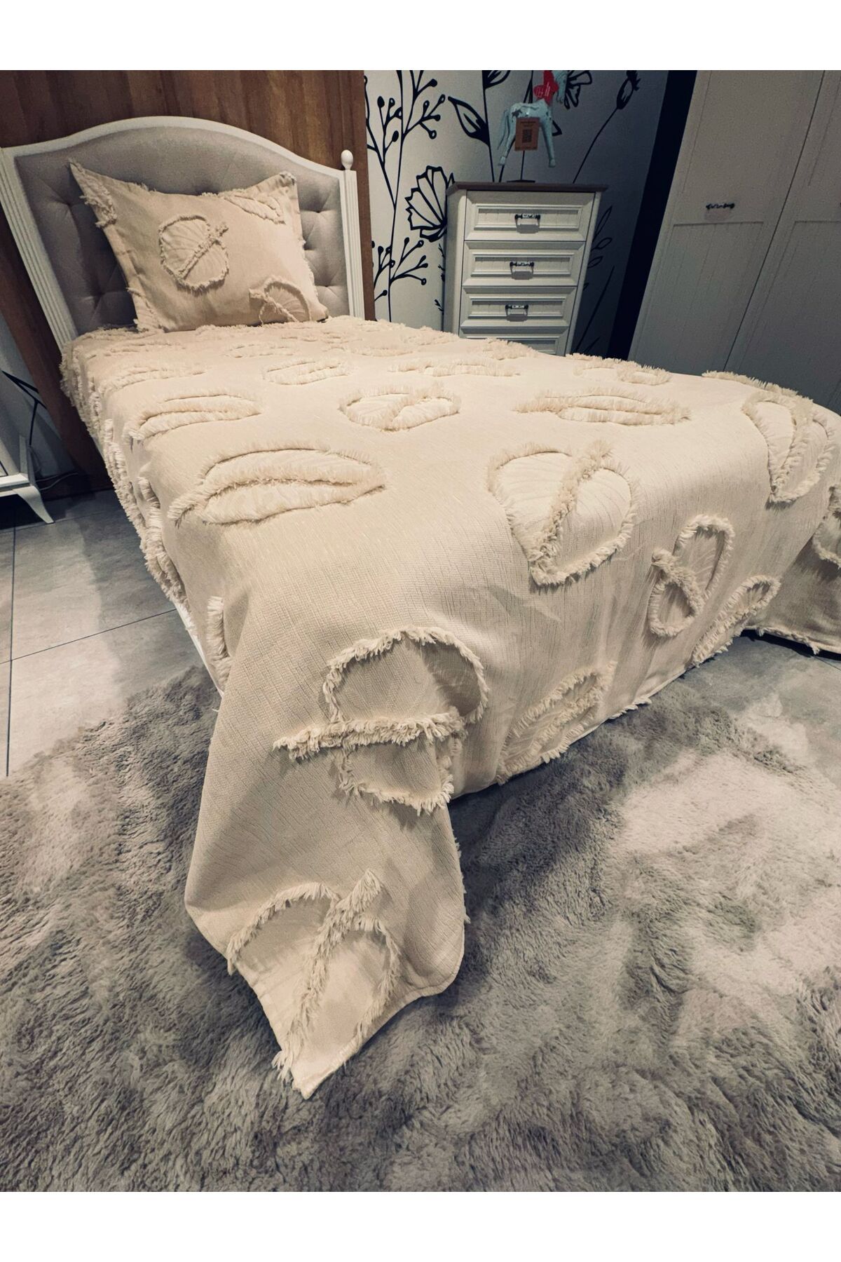 BlueMaison Estiva Puffy Tek Kişilik Yatak Örtüsü Yaprak Bej