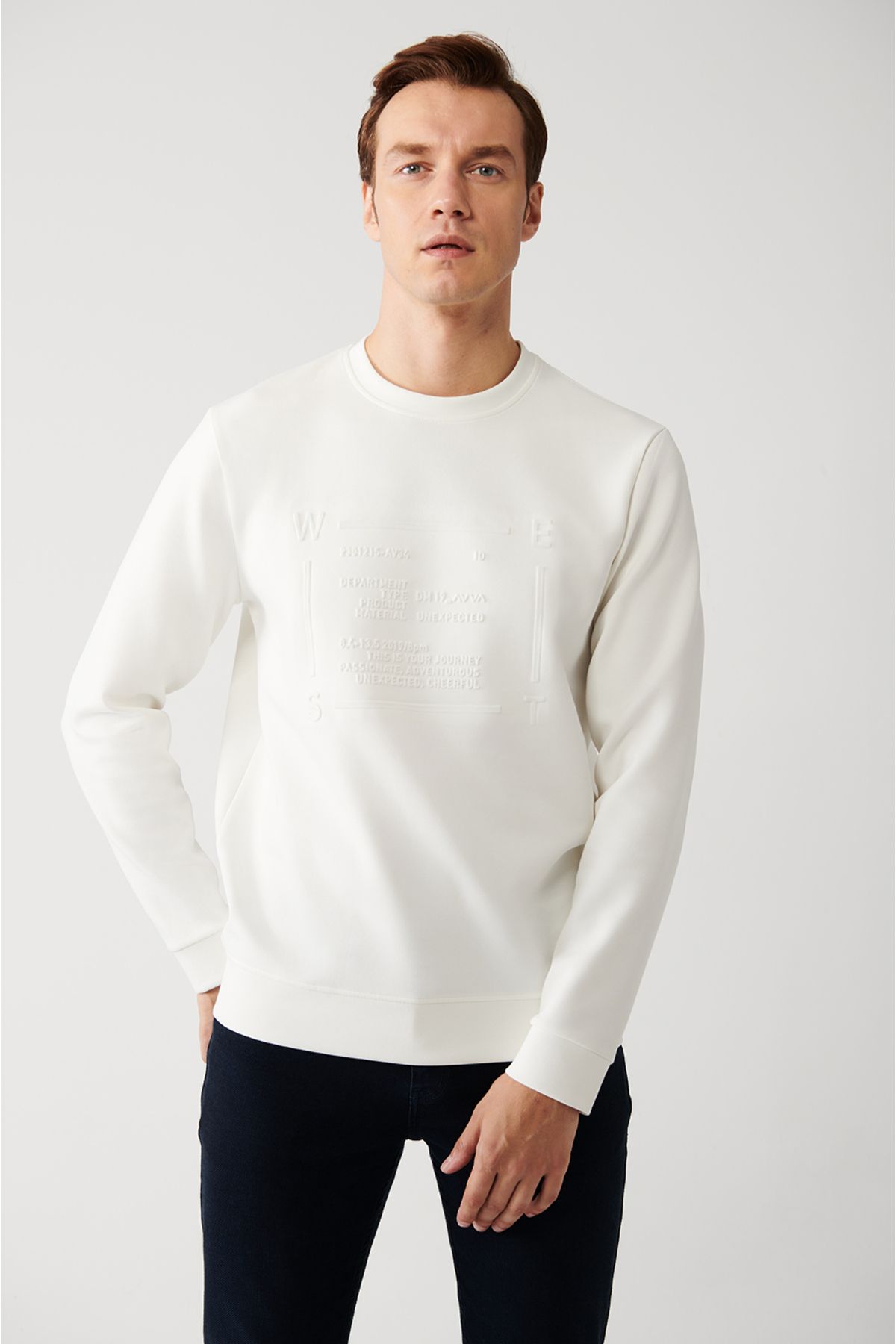 Avva Erkek Beyaz Interlok Kumaş Bisiklet Yaka Baskılı Sweatshirt A32y1223