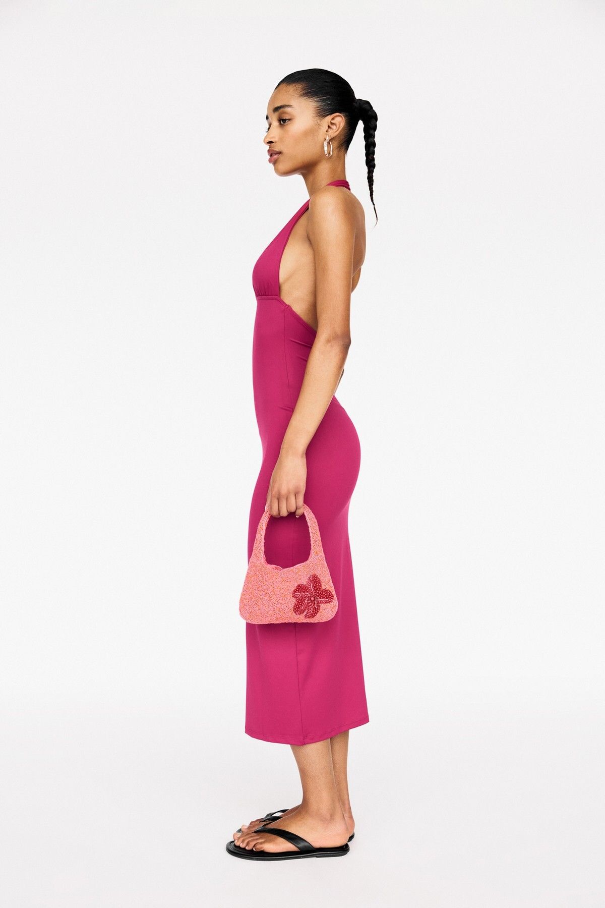 Pull & Bear V yaka poliamid midi elbise