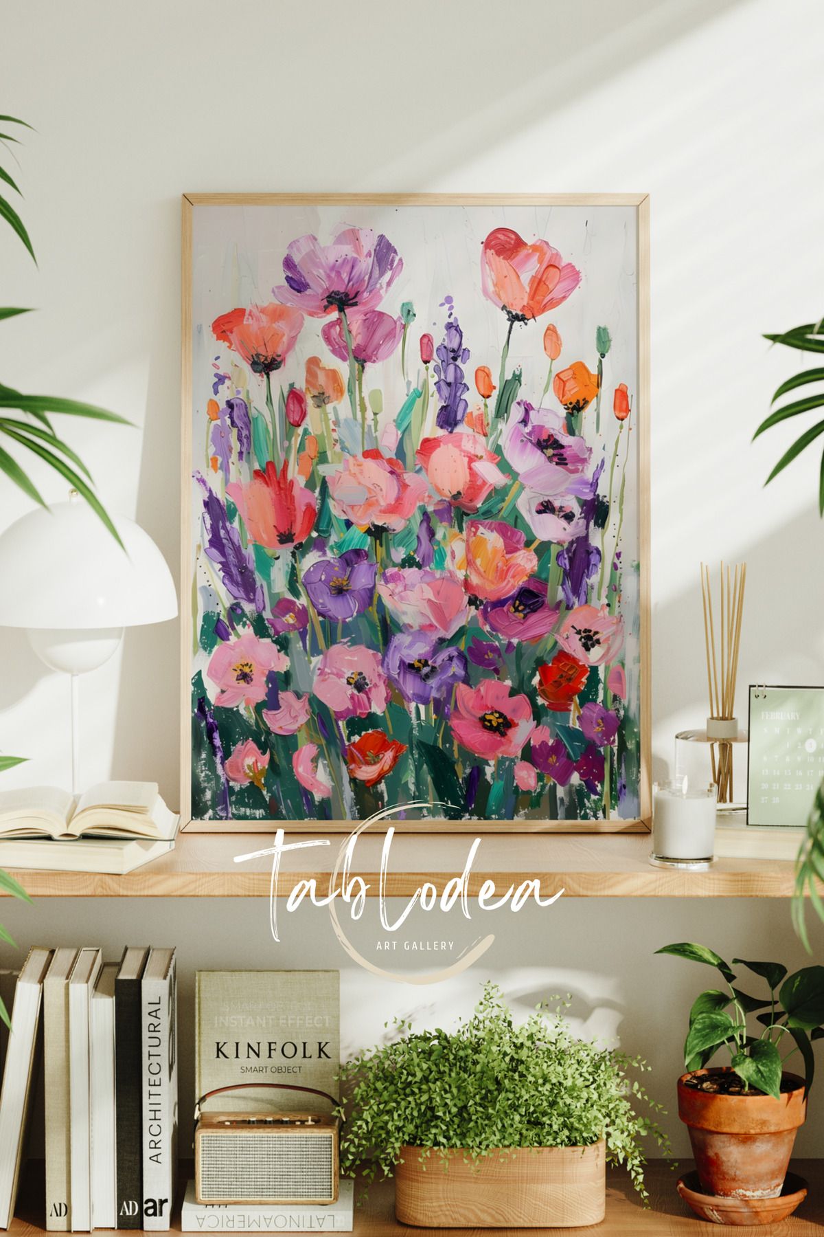 tablodea Renkli Bahar Çiçekleri Modern Çerçeveli Poster Tablo, Bohem Dekoratif Çiçekli Pinterest Tablo