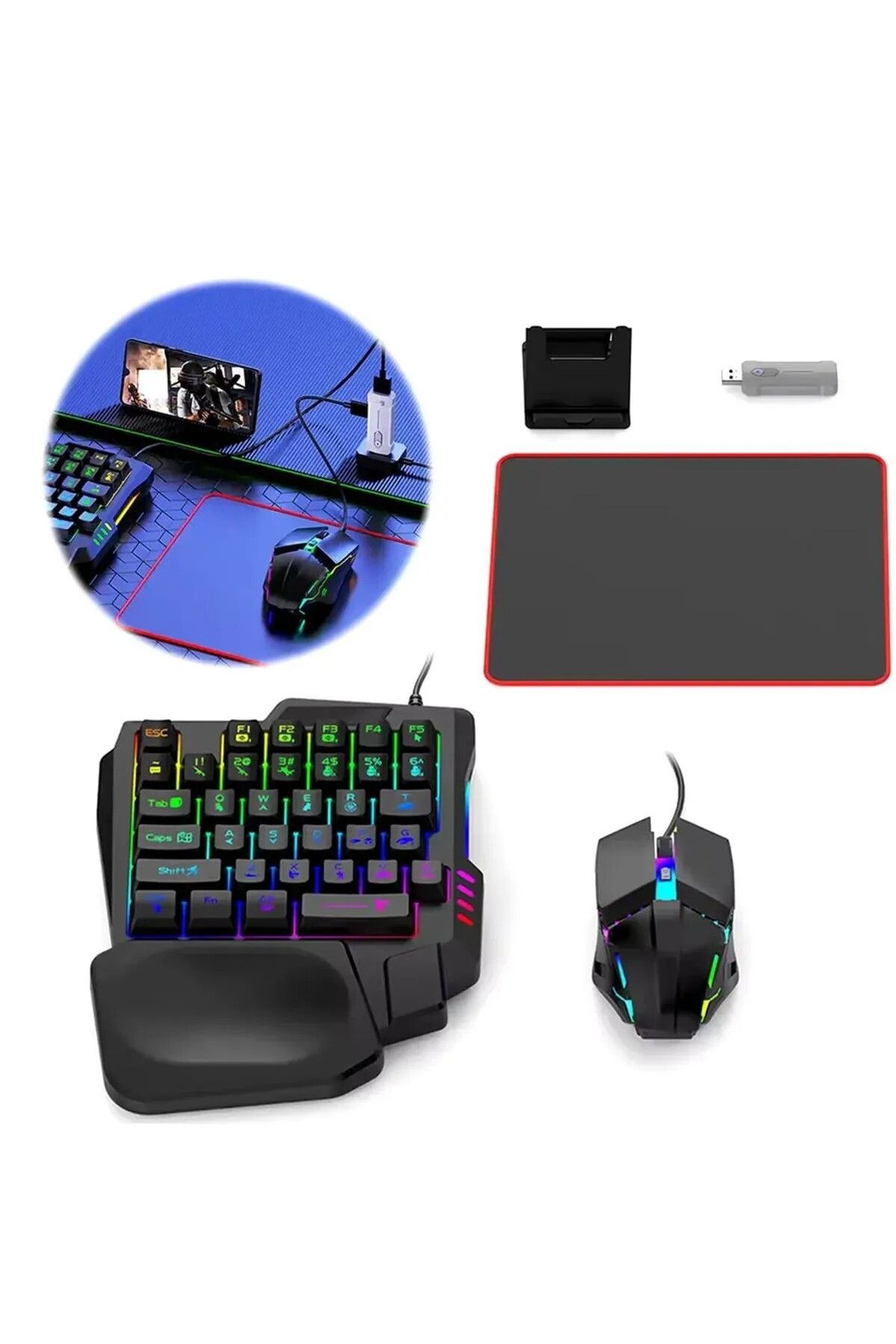 RUGGED PUBG Mobil Oyun Kit 5in1 BT5.3 Klavye Mouse Set Klavye, Dönüştürücü, Mouse, Mousepad, Telefon Tutucu