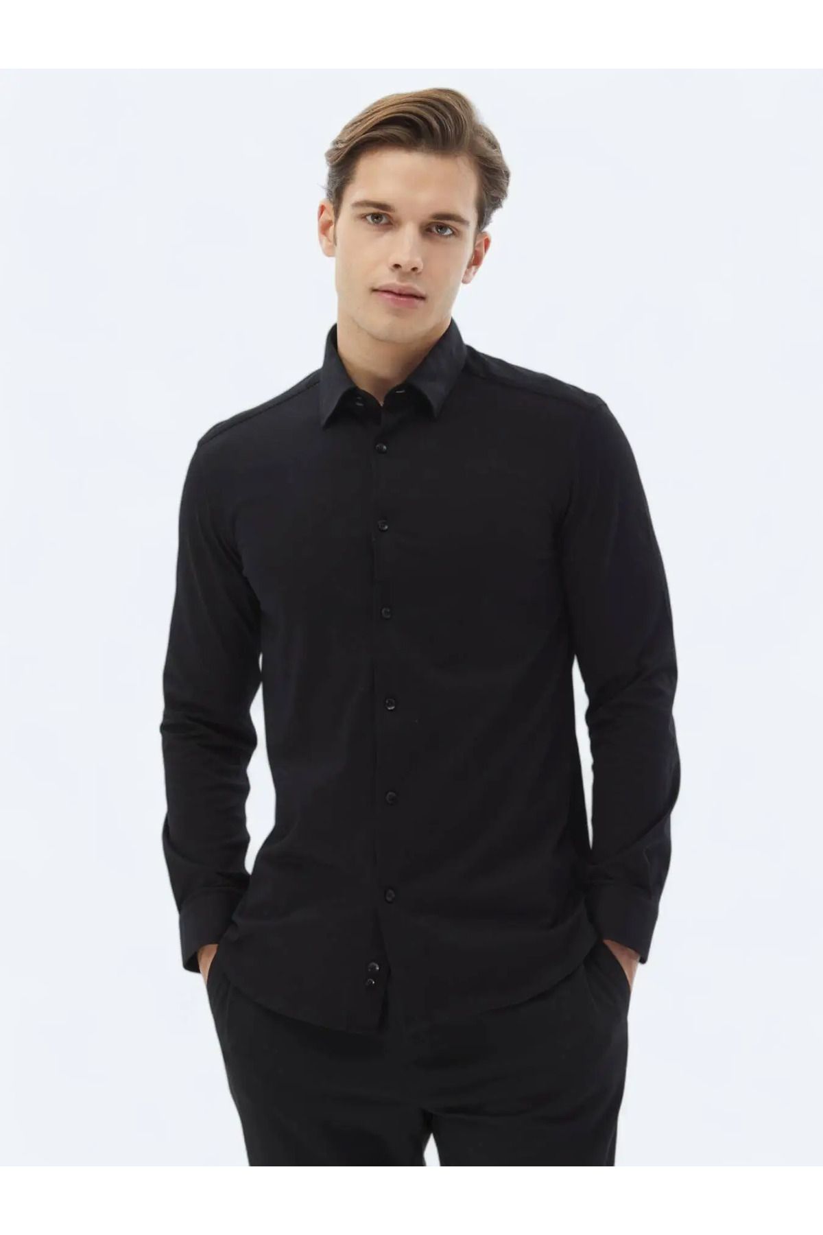 Kip Siyah Düz Regular Fit Dokuma Casual %100 Pamuk Gömlek
