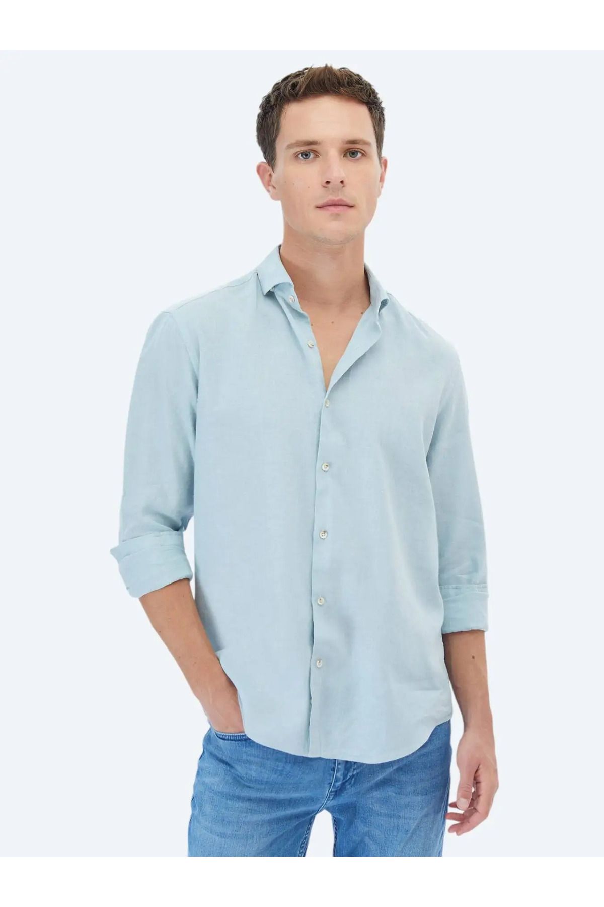 Kip Mint Düz Regular Fit Dokuma Casual Pamuk Karışımlı Gömlek