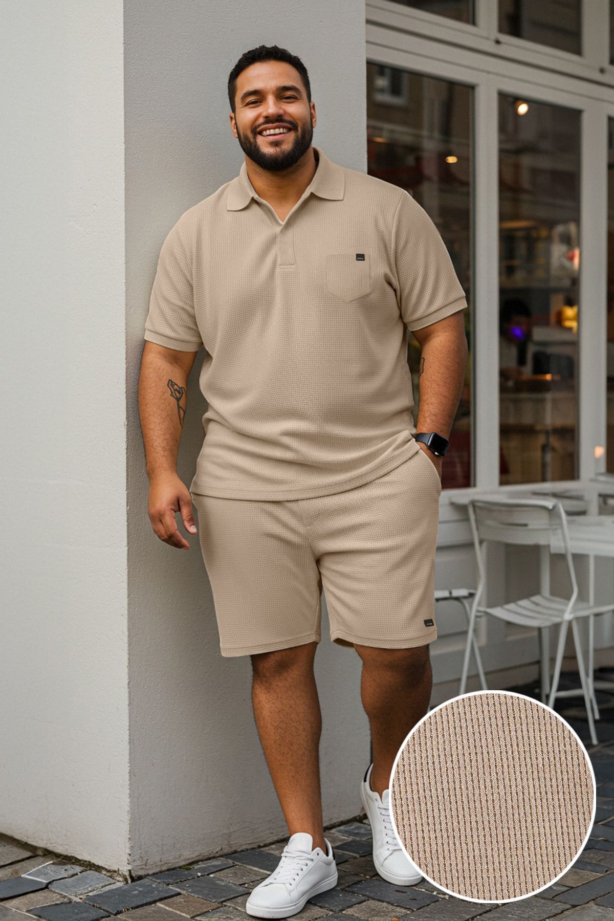 Trendyolmilla Man Camel Regular Kesim Dokulu Polo Yaka T-shirt-Şort Büyük Beden Eşofman Takımı TMNSS25TS00037