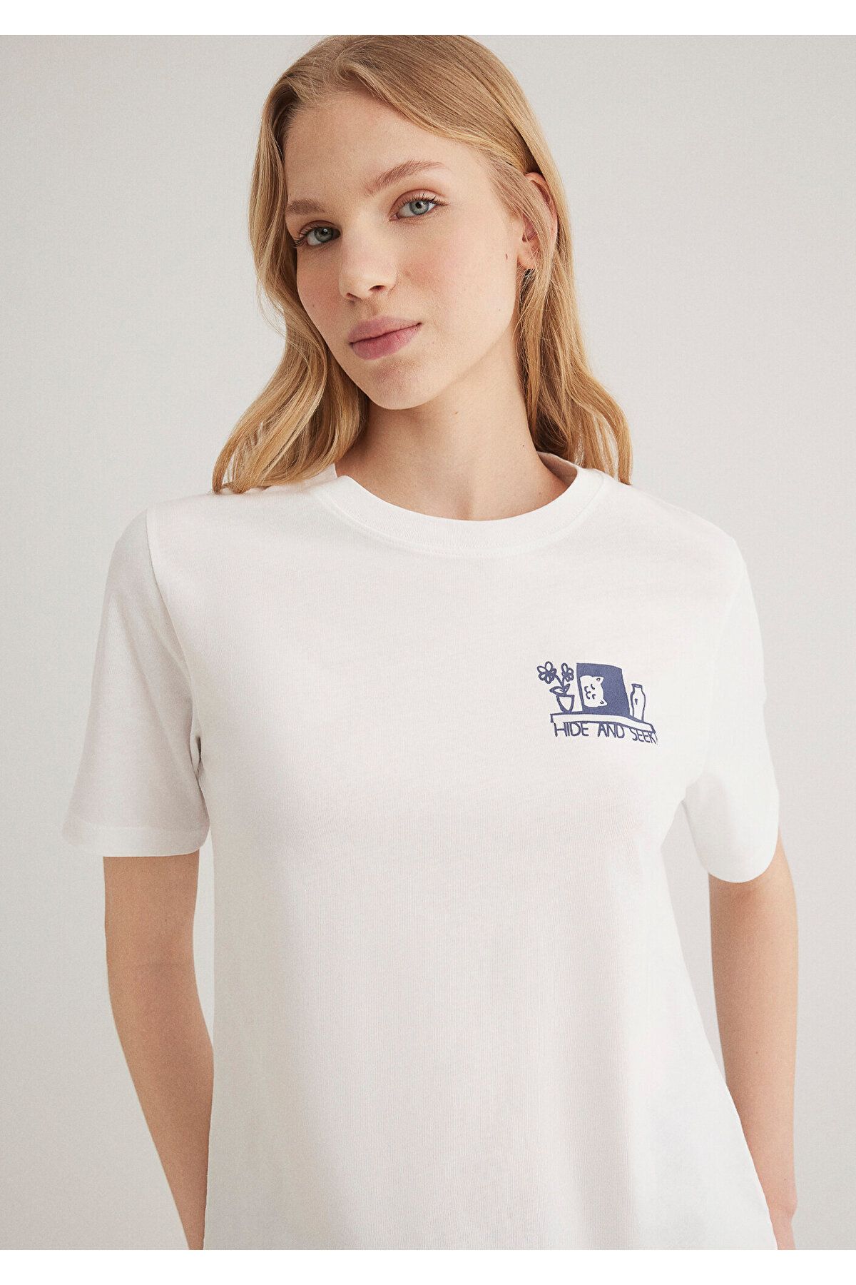 Mavi Kedi Baskılı Kırık Beyaz Kadın T-Shirt M1612975-70057