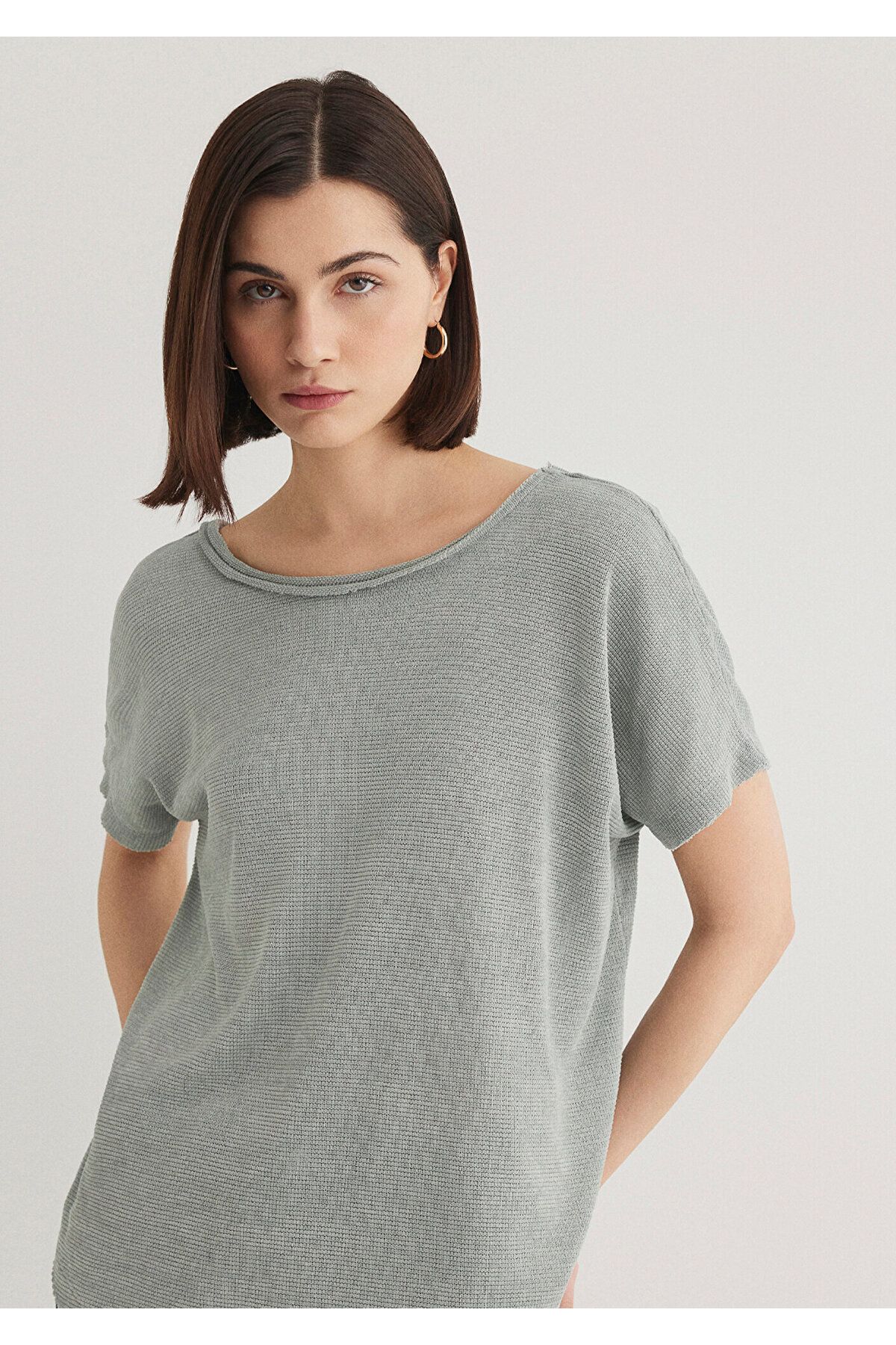 Mavi Dokulu Gri Basic Tişört Loose Fit / Bol Rahat Kesim 167311-81325