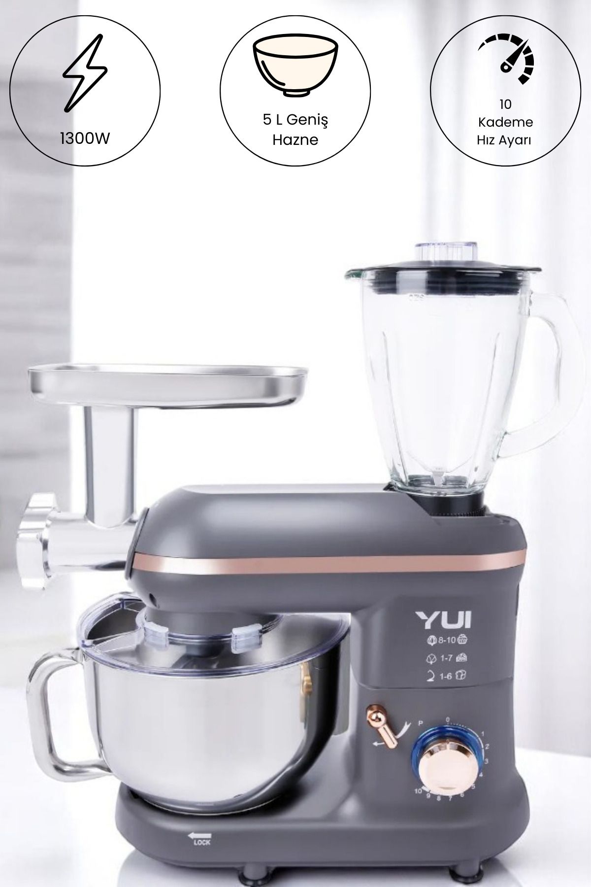 Yui M120 Multi-fonksiyonel 3'ü Bir Arada Stand Mikser Kıyma Setli Ve Blender Özellikli Gri/Rose Gold