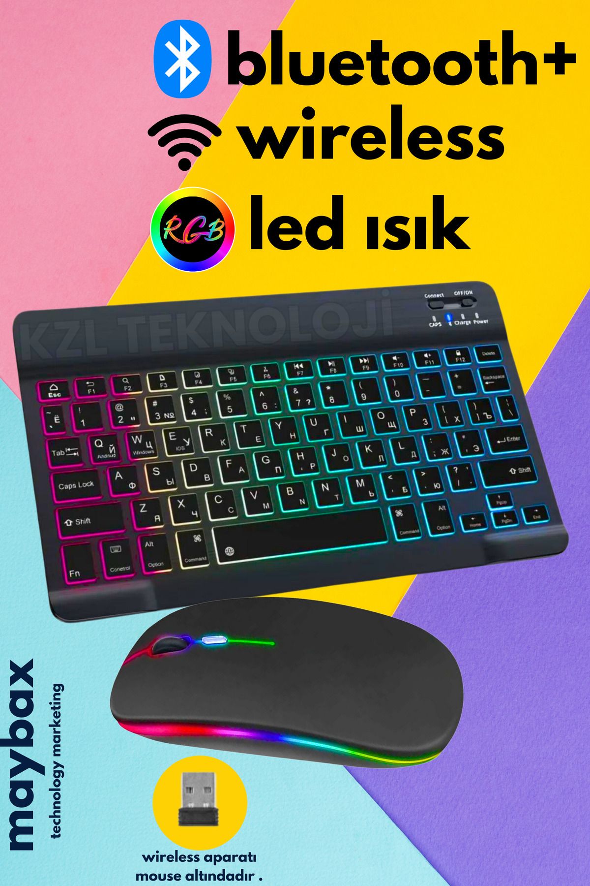 Maybax Tüm Cihazlara Uyumlu Akıllı Taşınabilir Şarjlı Rgb Kablosuz Bluetooth & Wireless Klavye Mouse Seti