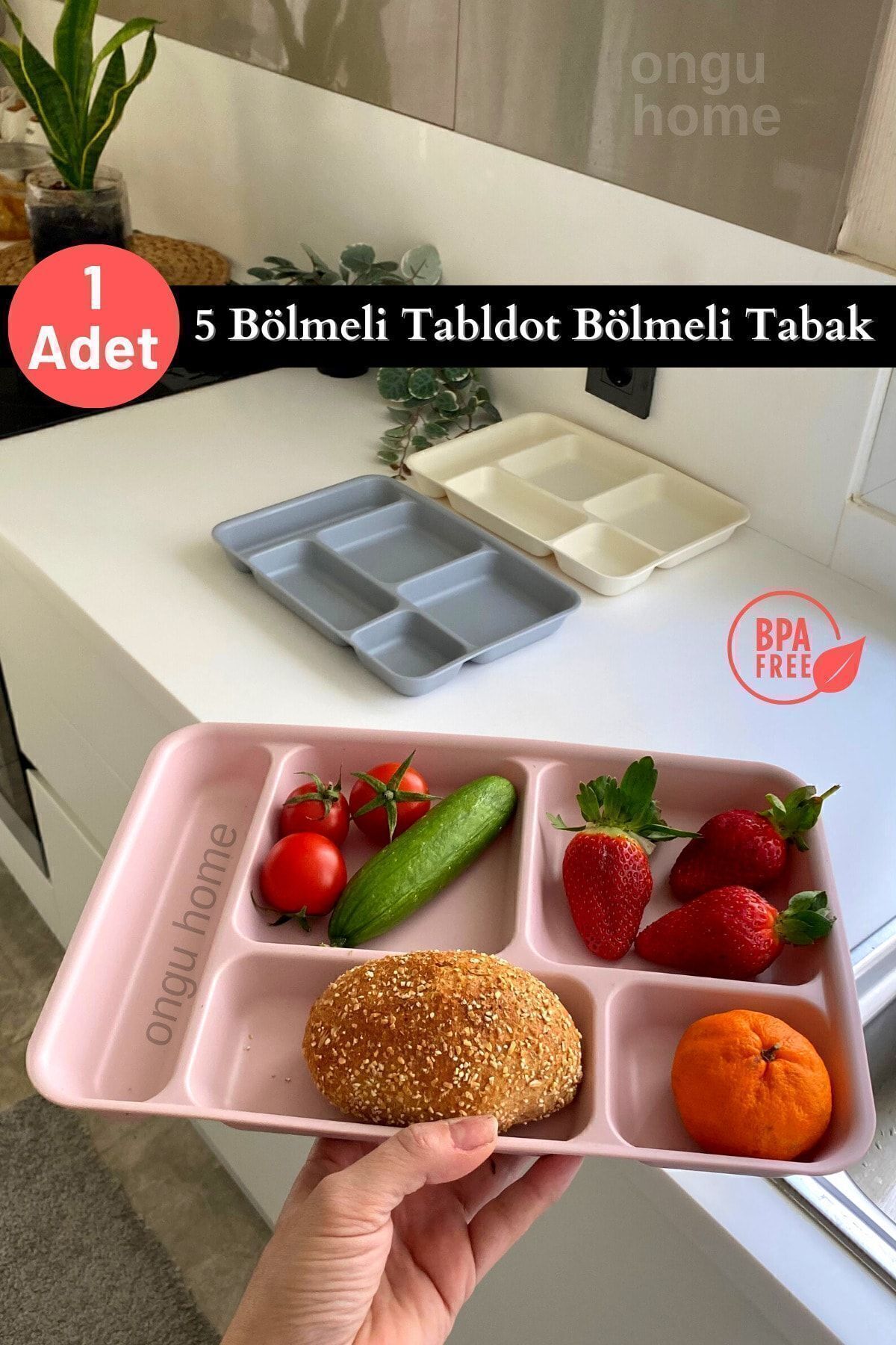 ongu home Beş Bölmeli Tabldot Tabak Yıkanabilir Mama Tabağı Yemek Tabağı Kahvaltı Tabağı (PEMBE)