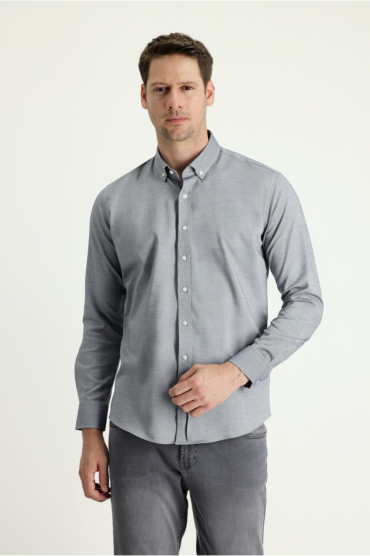 Kiğılı Uzun Kol Slim Fit Dar Kesim Oxford Pamuk Gömlek