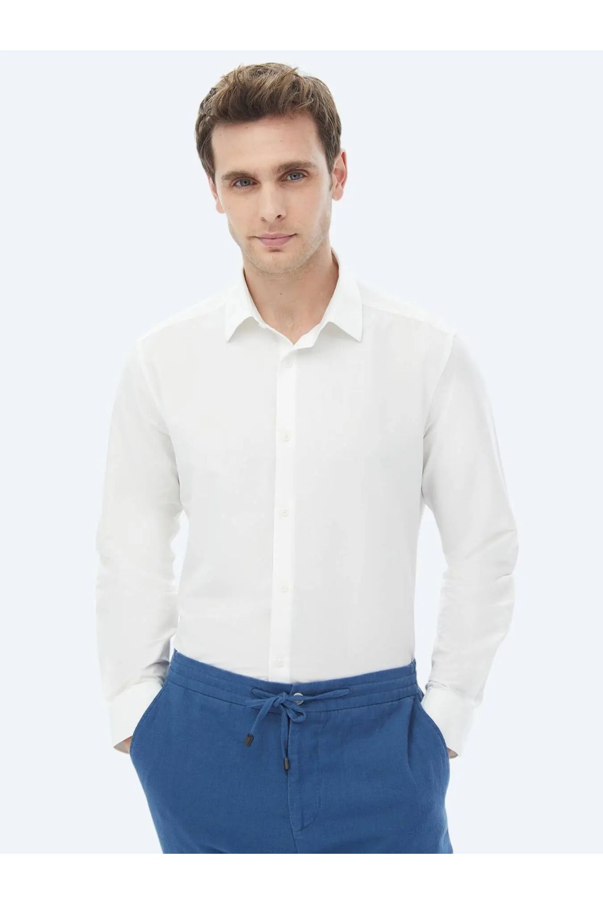 Kip Ekru Düz Regular Fit Dokuma Casual Pamuk Karışımlı Gömlek