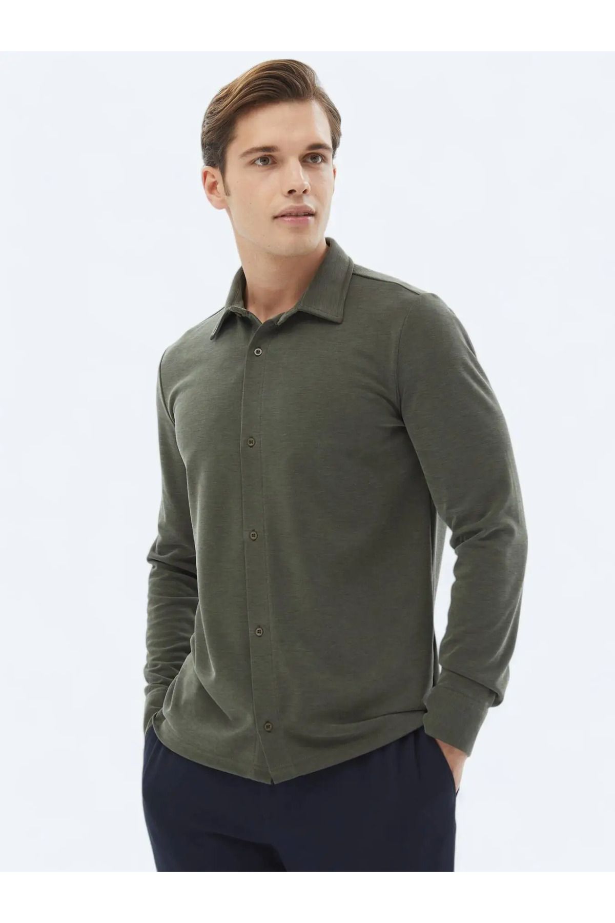 Kip Haki Düz Regular Fit Casual Gömlek