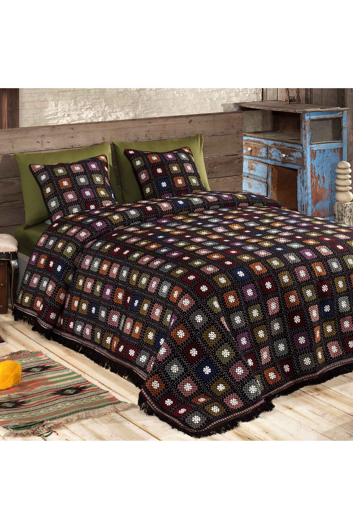 NEEA HOME Retro El Örgüsü Temalı Jakarlı Dokuma Çift Kişilik Yatak Örtüsü 260 x 260 cm Vintage Yatakörtüsü
