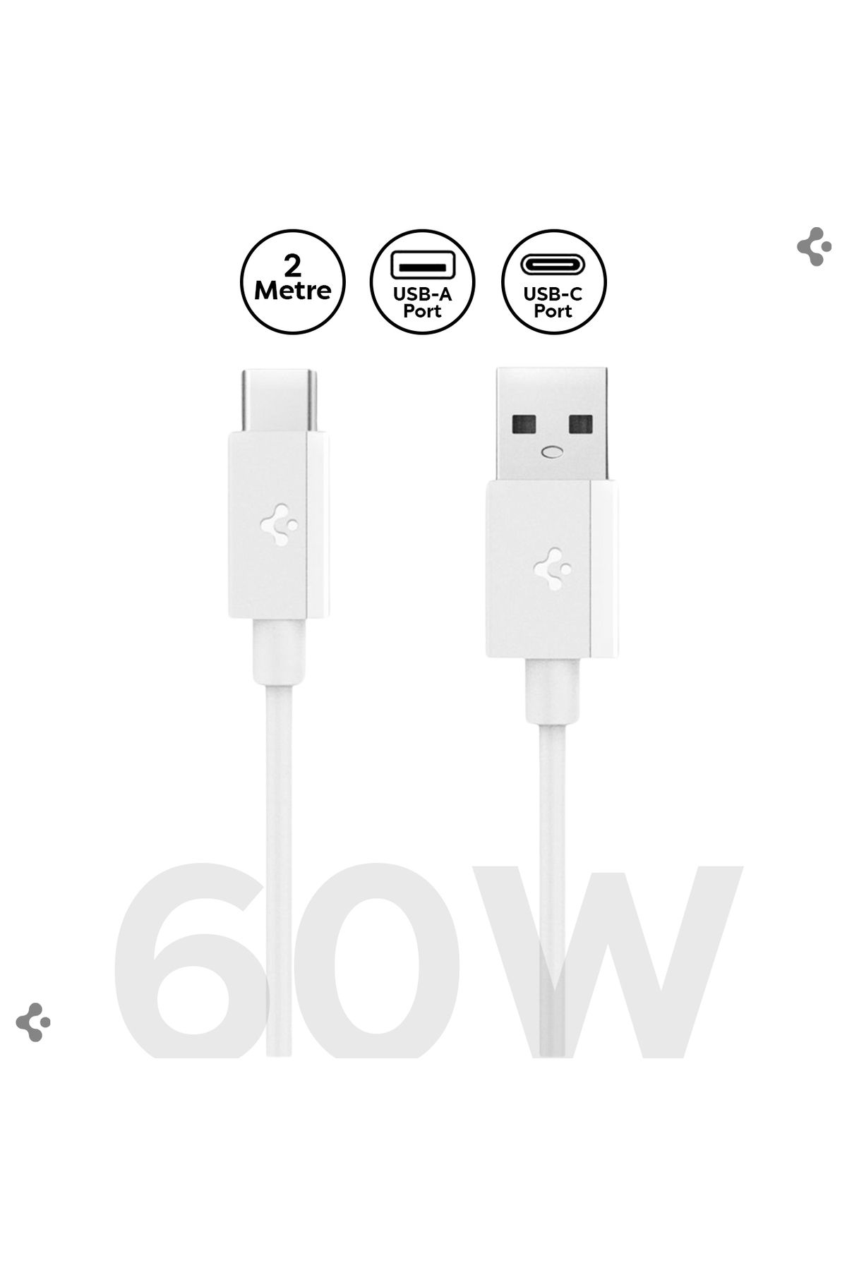 Spigen USB-A to USB-C 2 Metre Kablo 60W Güç/Hızlı Şarj/480 Mbps Data Aktarım Type-C White - ACA08716