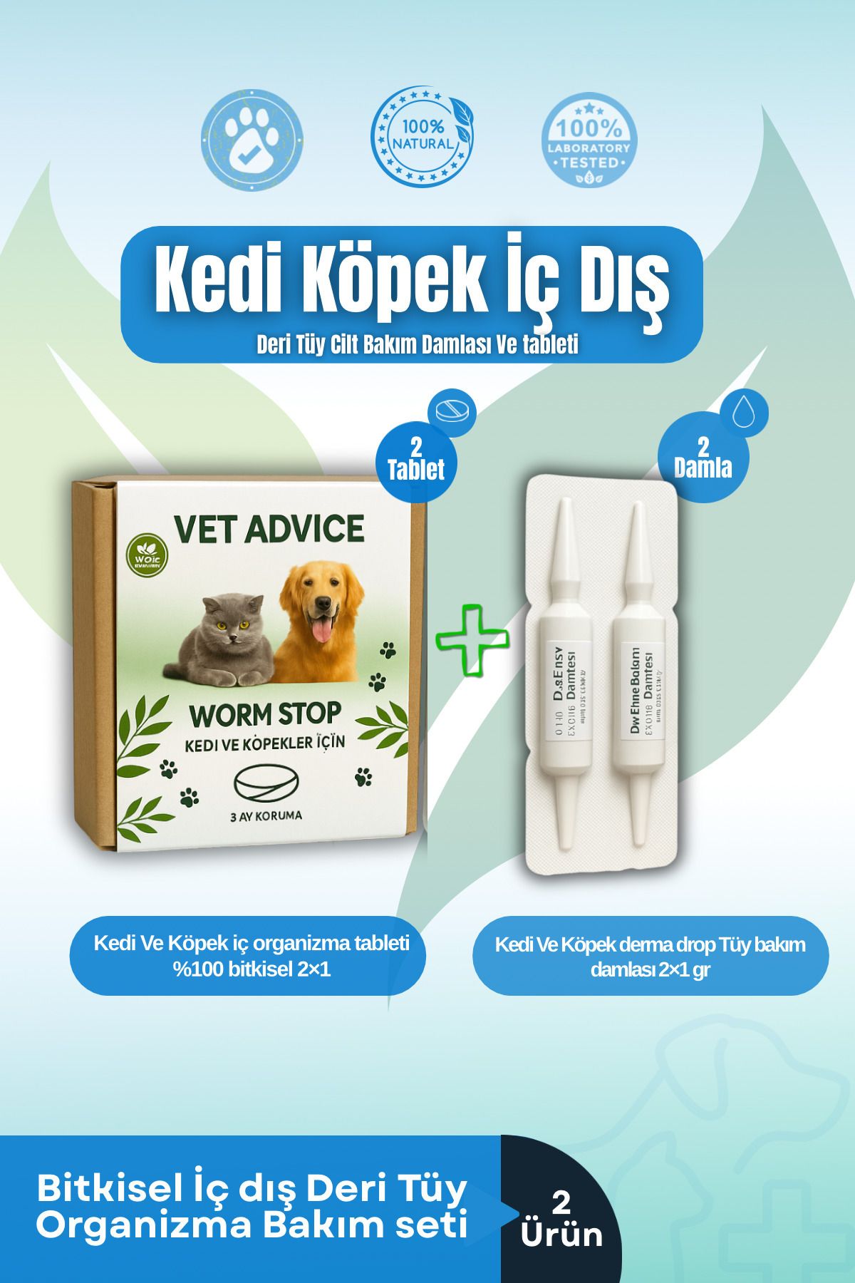 vet advice Kedi Köpek Iç Dış Tüy Bakım Seti 2 Li Bitkisel Set