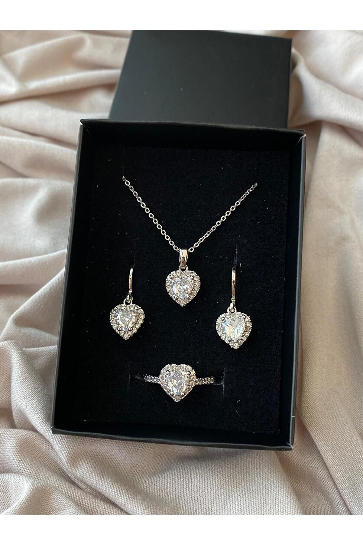 Dmr Accessoire Çelik Kalp Kolye Küpe Ayarlanabilir Yüzük Seti