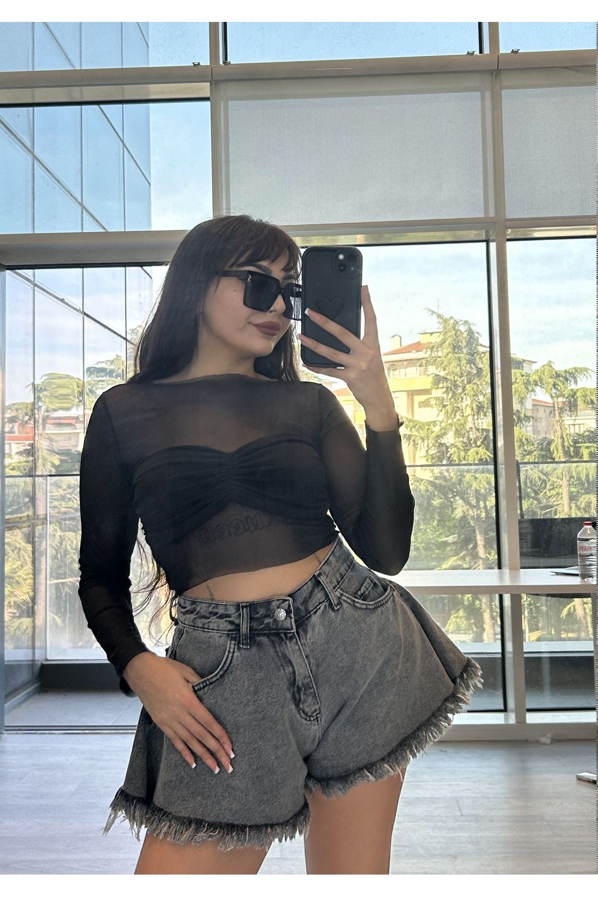 neslihan uzun Püsküllü Denim Şort Antrasit Gri