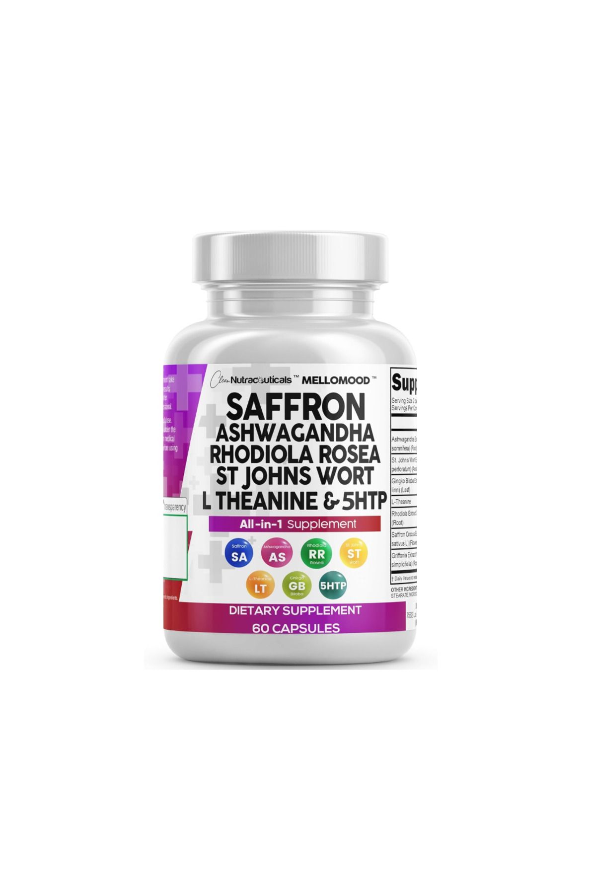 Clean Nutraceuticals , Saffron Supplements with Mood Support with L-Theanine, Ginkgo Biloba, . John's Wort 60 capsules