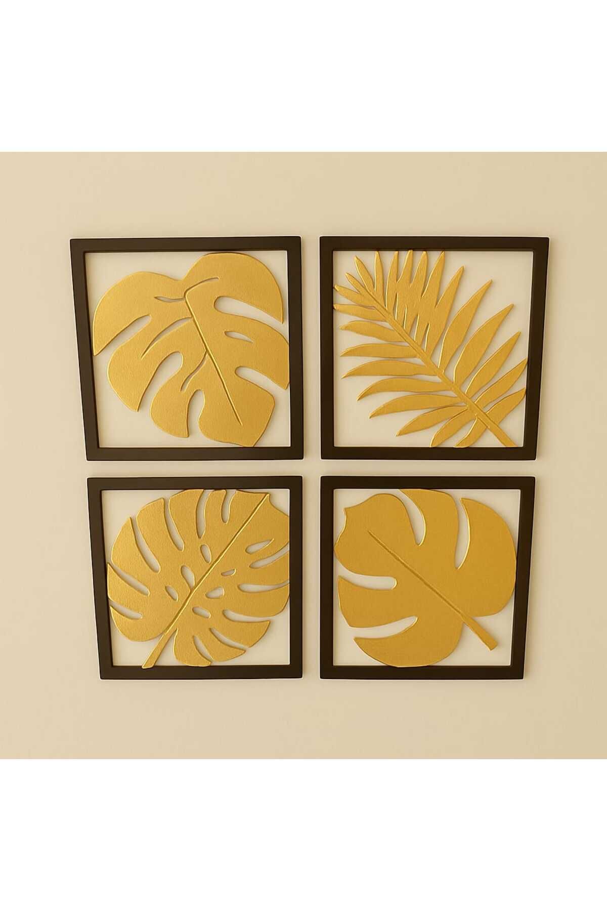 mdf Dekoratif Ahşap Yaprak Duvar Tablosu 4'lü Set - Modern Bitki Desenli