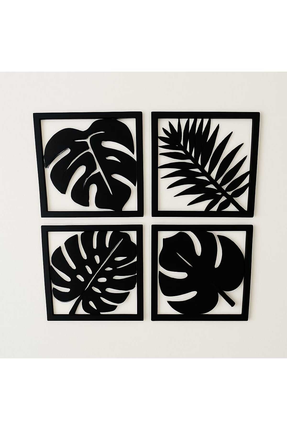 mdf Dekoratif Ahşap Yaprak Duvar Tablosu 4'lü Set - Modern Bitki Desenli