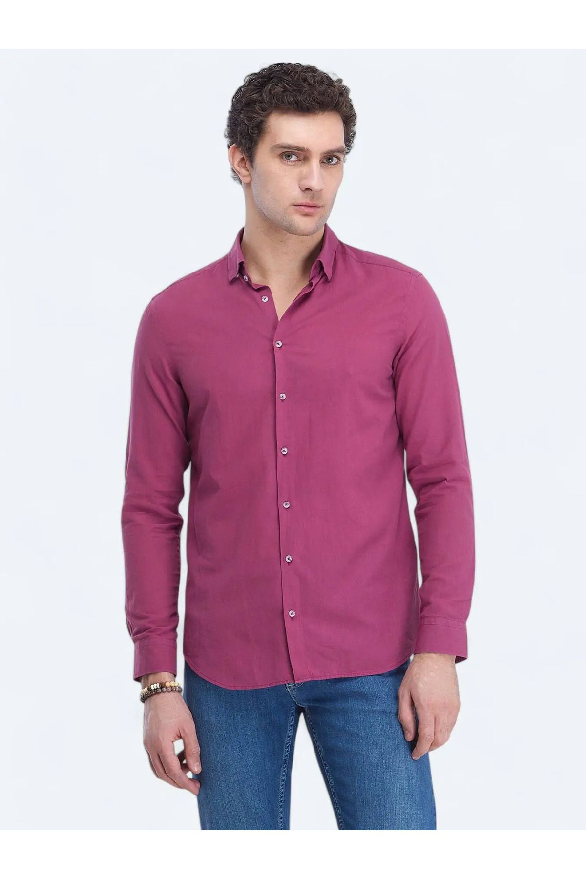Kip Mürdüm Düz Regular Fit Dokuma Casual %100 Pamuk Gömlek