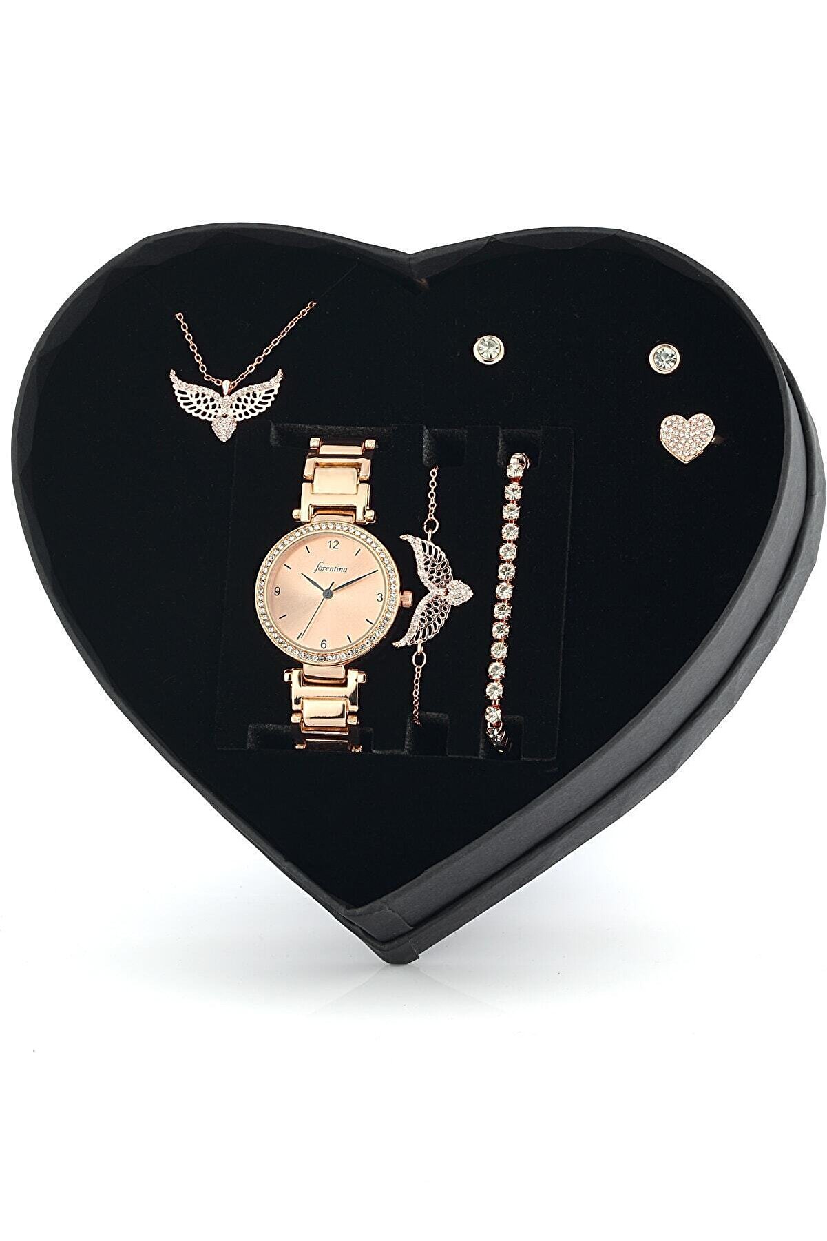 Forentina Rose Melek Kanadı Kolye Bileklik Küpe Yüzük Saat Hediye Set - Ps1162
