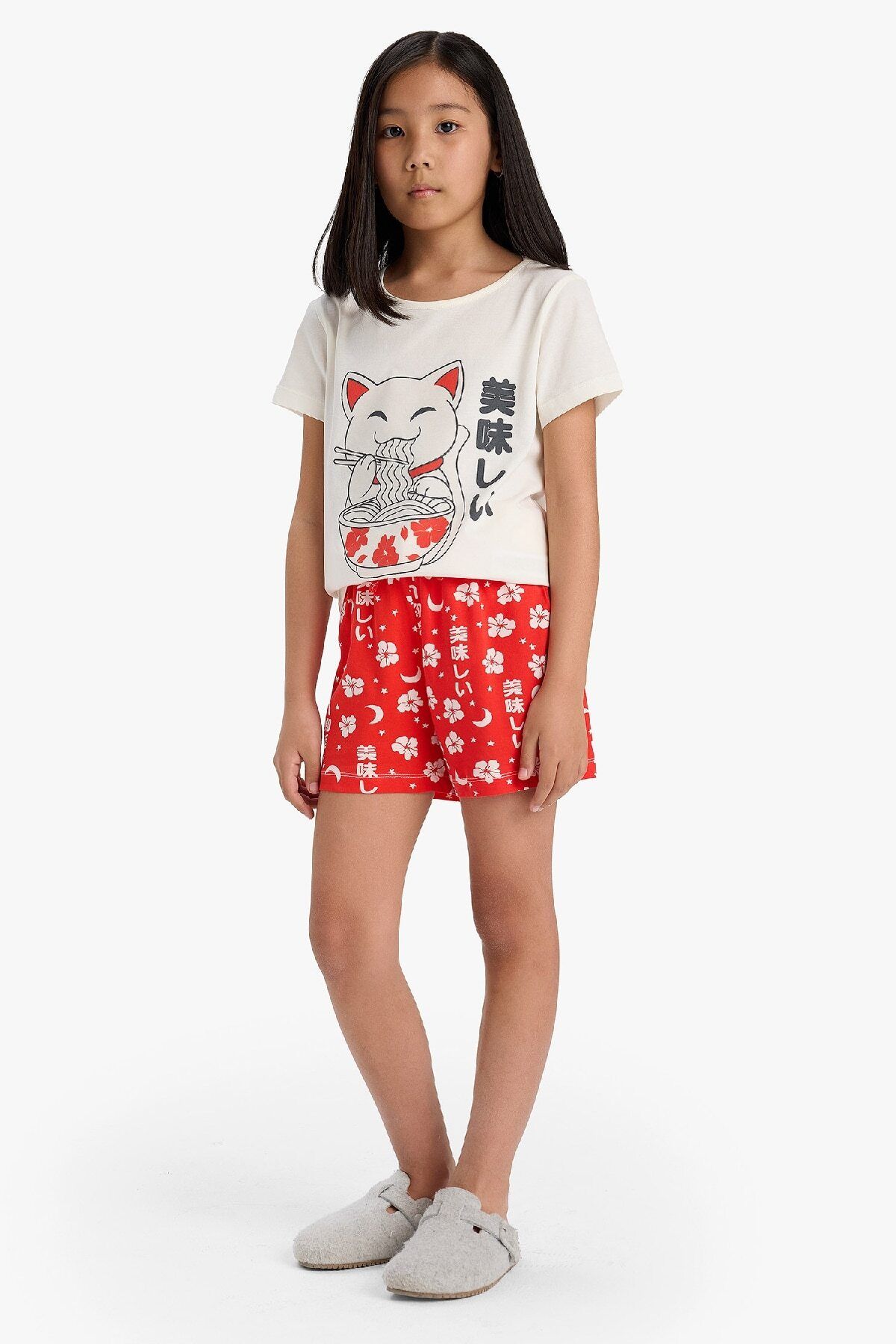 Defacto Kız Çocuk Pijama Takımı Baskılı Kısa Kollu Üst Desenli Şort E0530a825hs
