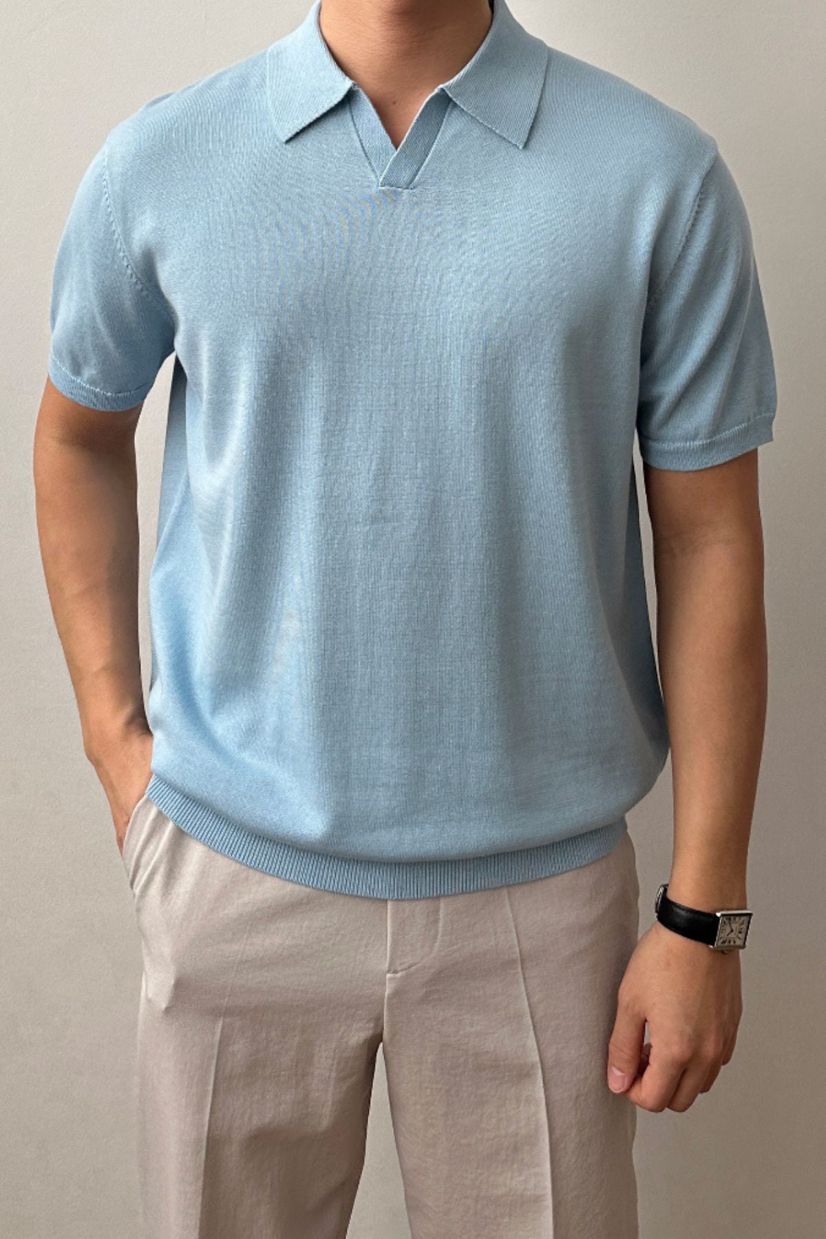 Tarz Cool Erkek Mavi Patlı Kısa Kollu Polo Yaka Triko T-Shirt