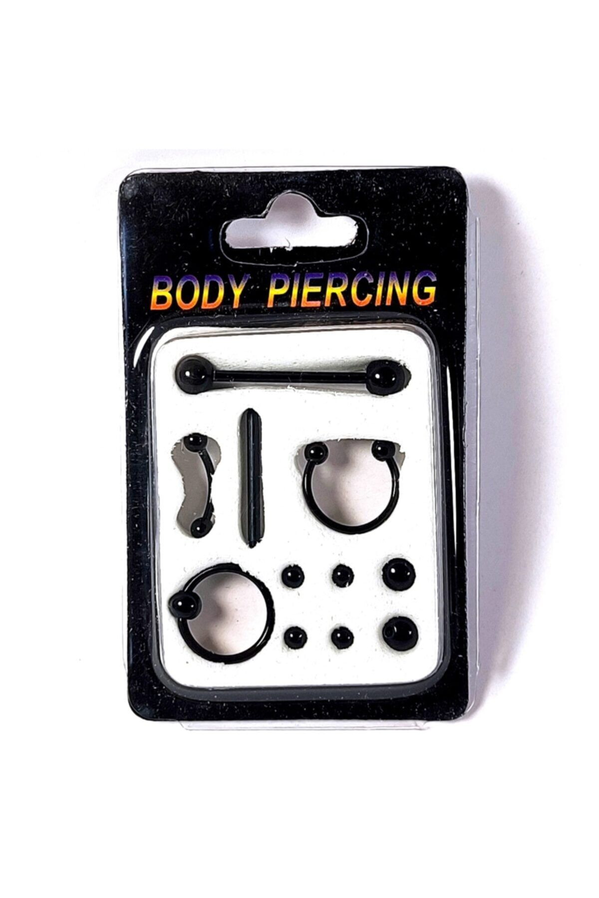 Market66 Tam Set Body Vücut Siyah Taşsız Piercing Paslanmaz Çelik Göbek Dudak Kaş Dil Burun