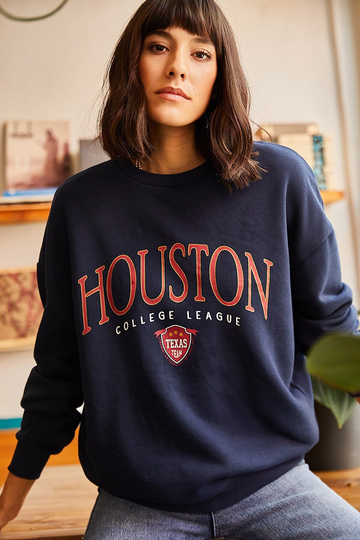 Olalook Kadın Lacivert Houston Baskılı Şardonlu Sweatshirt SWT-19000426