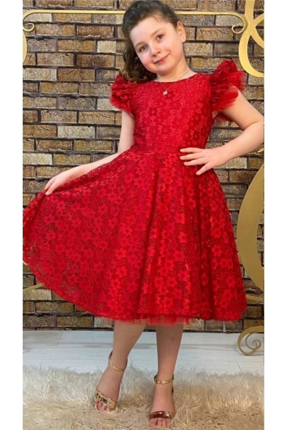 Pumpido Kız Çocuk Kırmızı Dantelli Tüllü Elbise